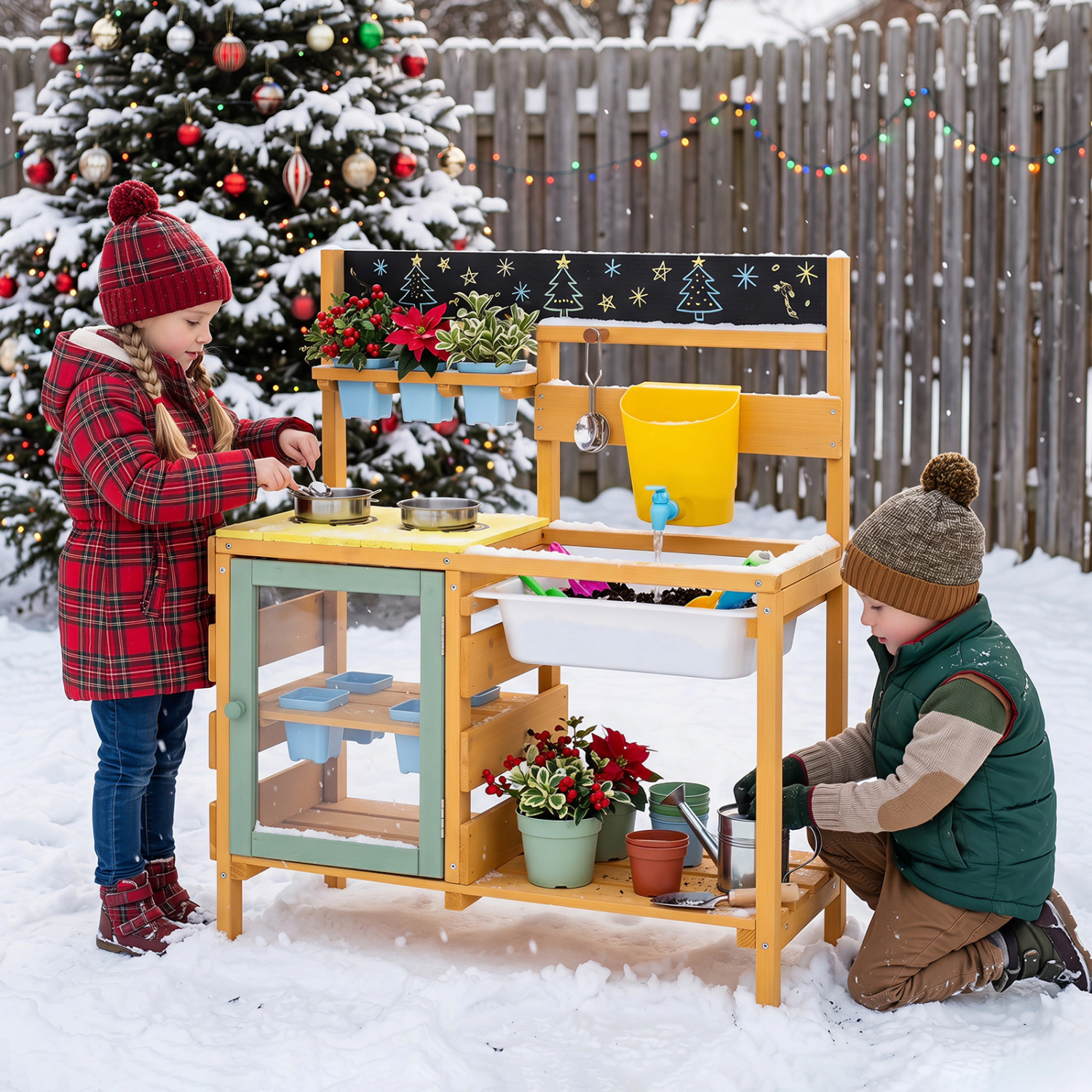 LJG Wooden Mud Kitchen for Toddlers with Faucet and Water Tank