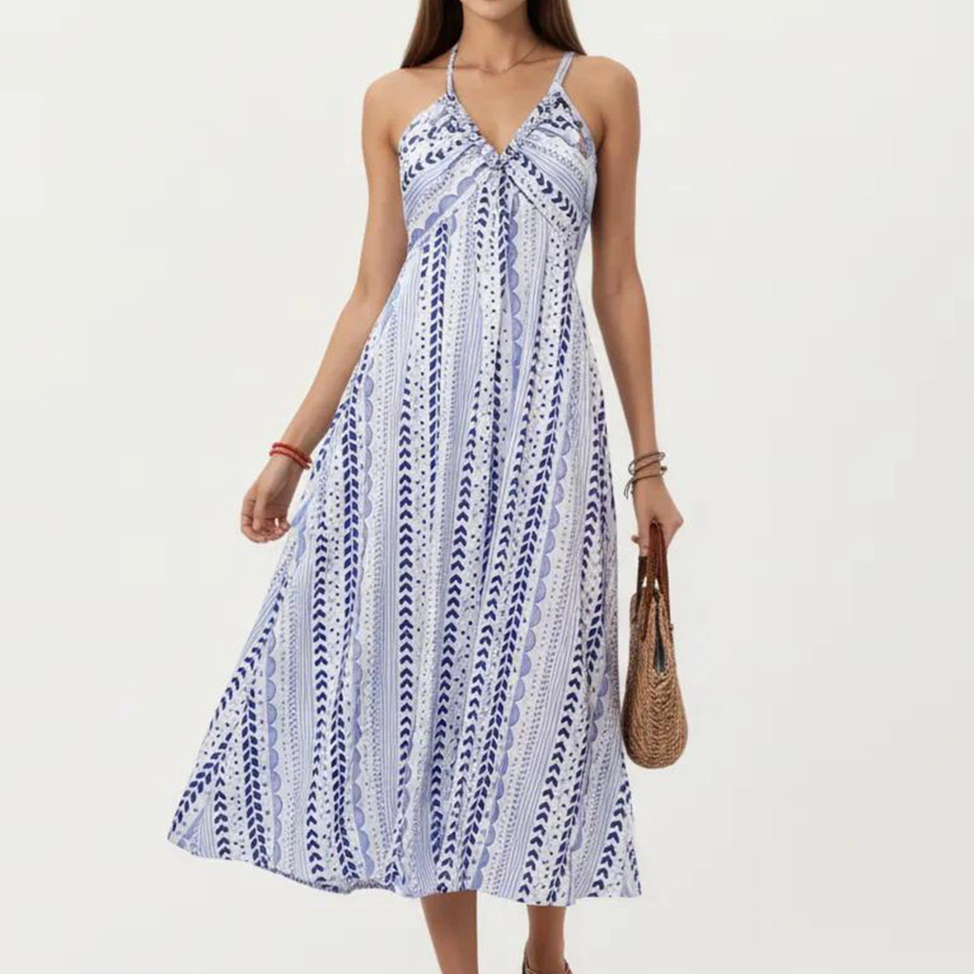 Anna-Kaci Women's Halter Neck V Smocked Bodice Flowing A Line Skirt Midi Dress
