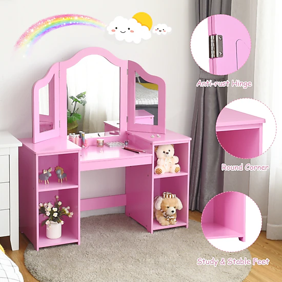 SUGIFT 42-Inch Kids Vanity Table Set with Tri-Folding Mirror and 4 Storage Compartments