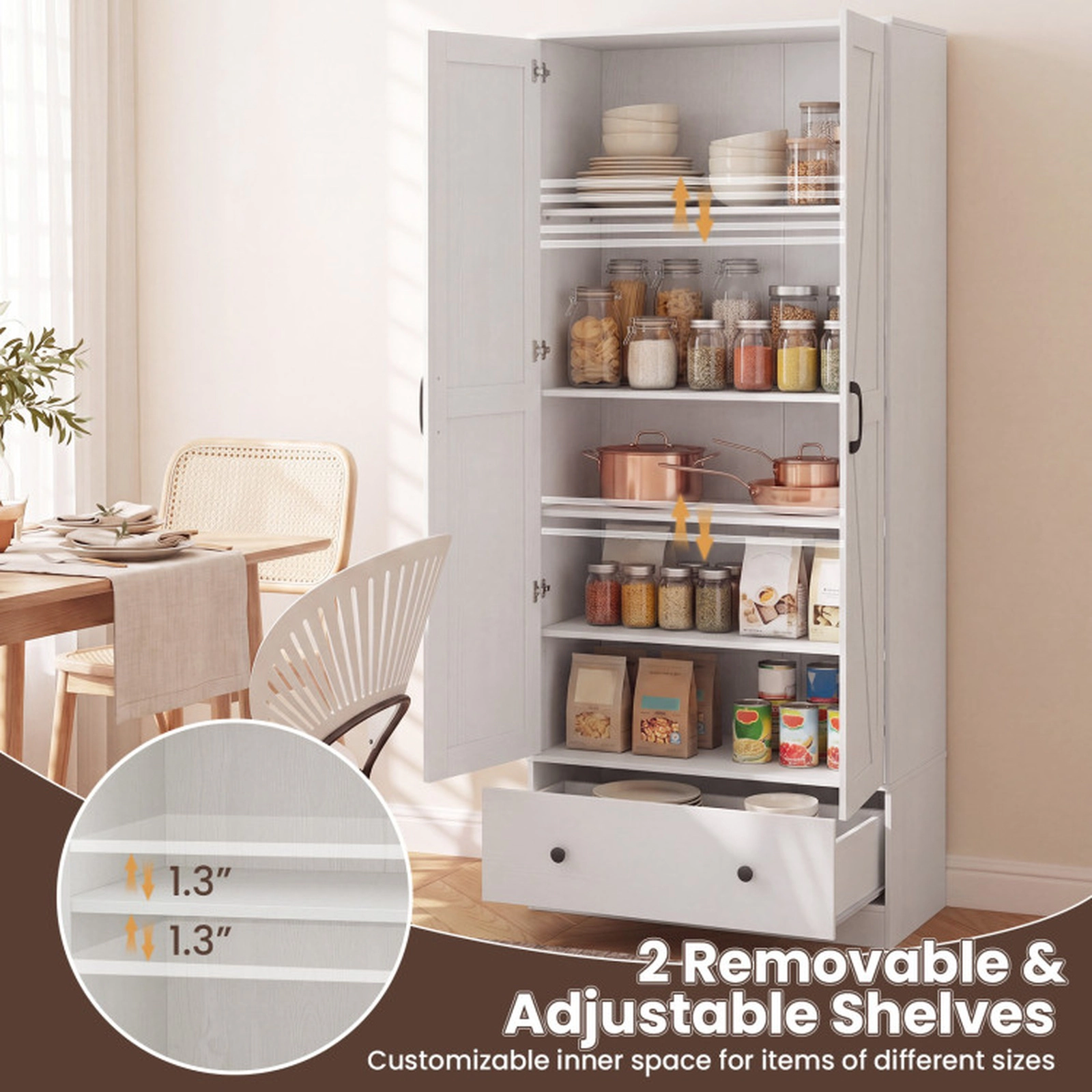 SUGIFT 72-in Tall 5-Tier Kitchen Pantry Sideboard Cabinet with Drawer 230-lb Capacity White Rustic Brown