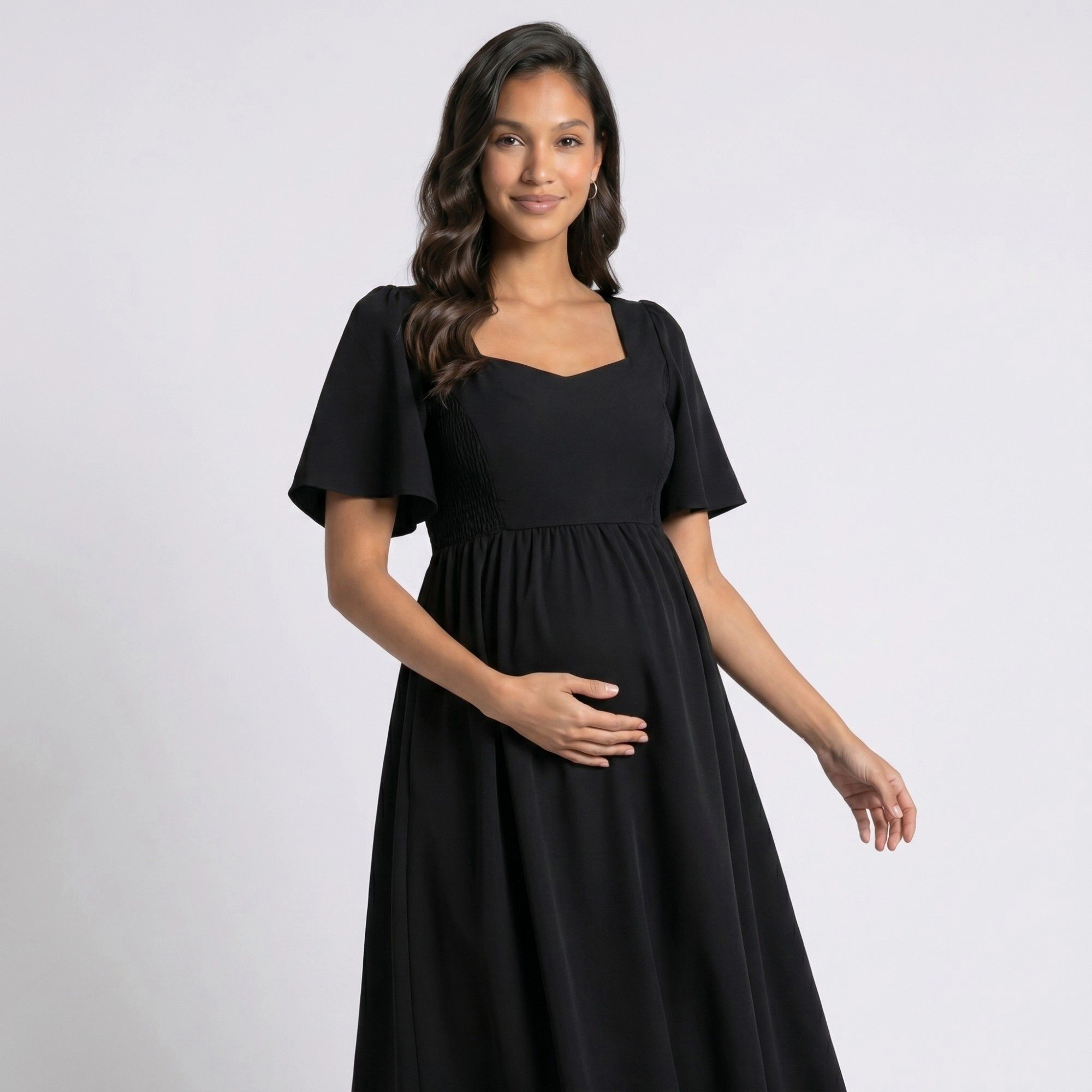 Anna-Kaci Women's Maternity V Neck Flutter Sleeve Smocked Empire Waist Midi Dress