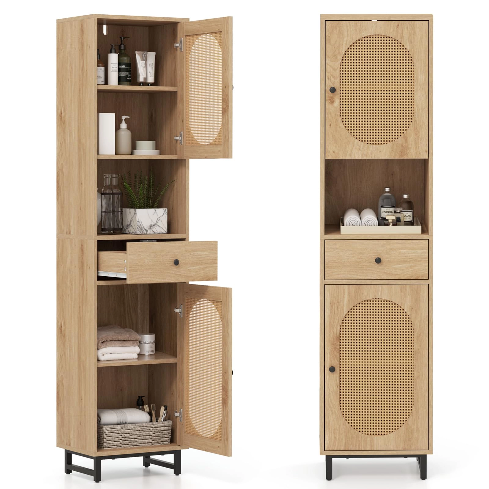 Glintex 67-Inch PE Rattan Bathroom Cabinet with Soft-Close Hinges and Drawer, Natural