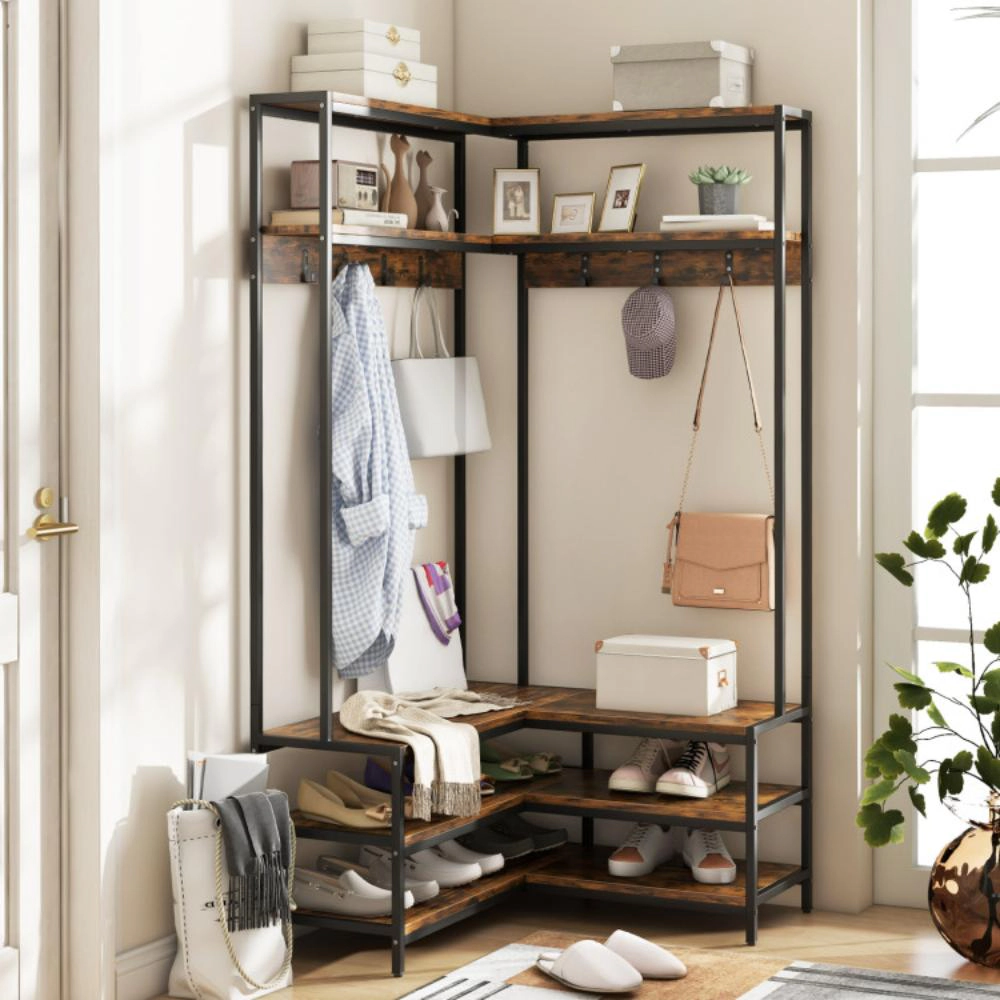 Hivvago Corner Garment Rack with Open Shelves and 7 Hooks Shoe Bench-Rustic Brown