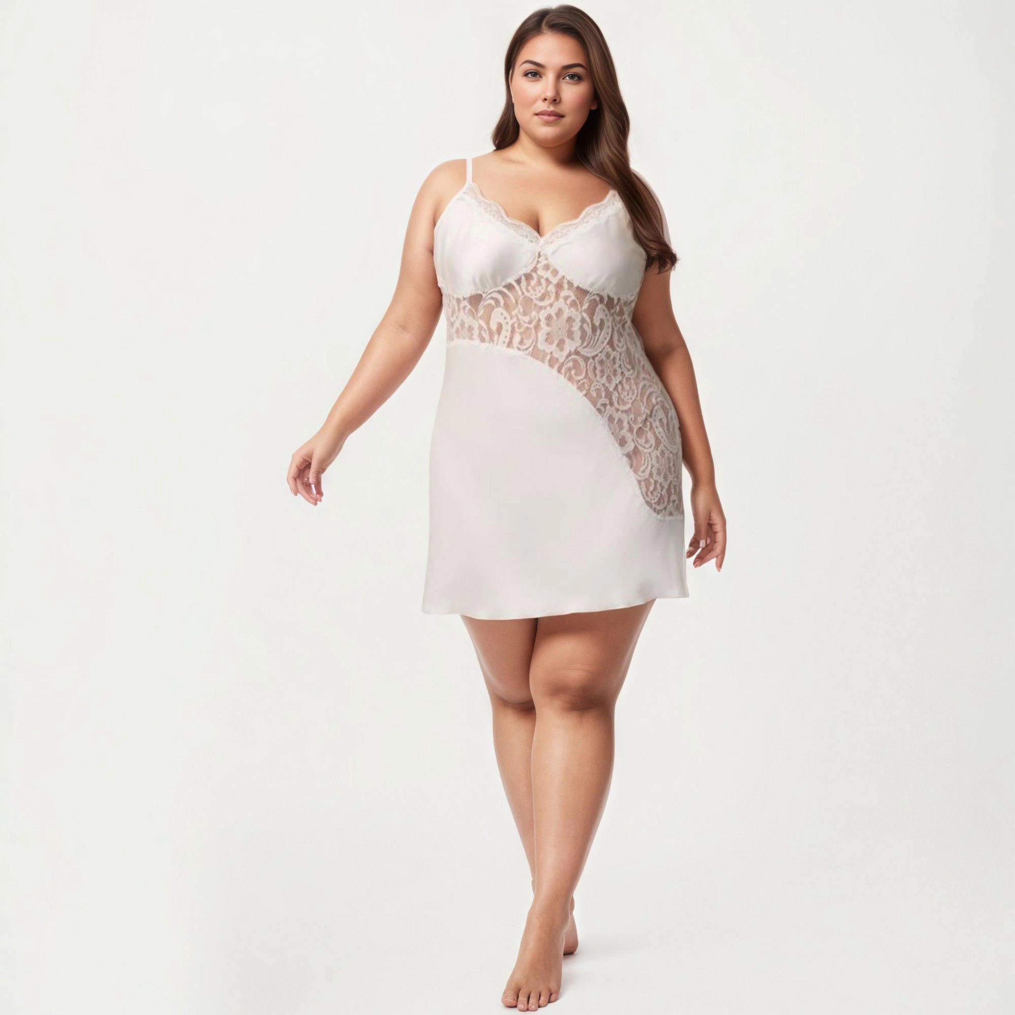 Anna-Kaci Women's Plus Lace Panel Chemise Slip Dress Adjustable Strap Sleepwear