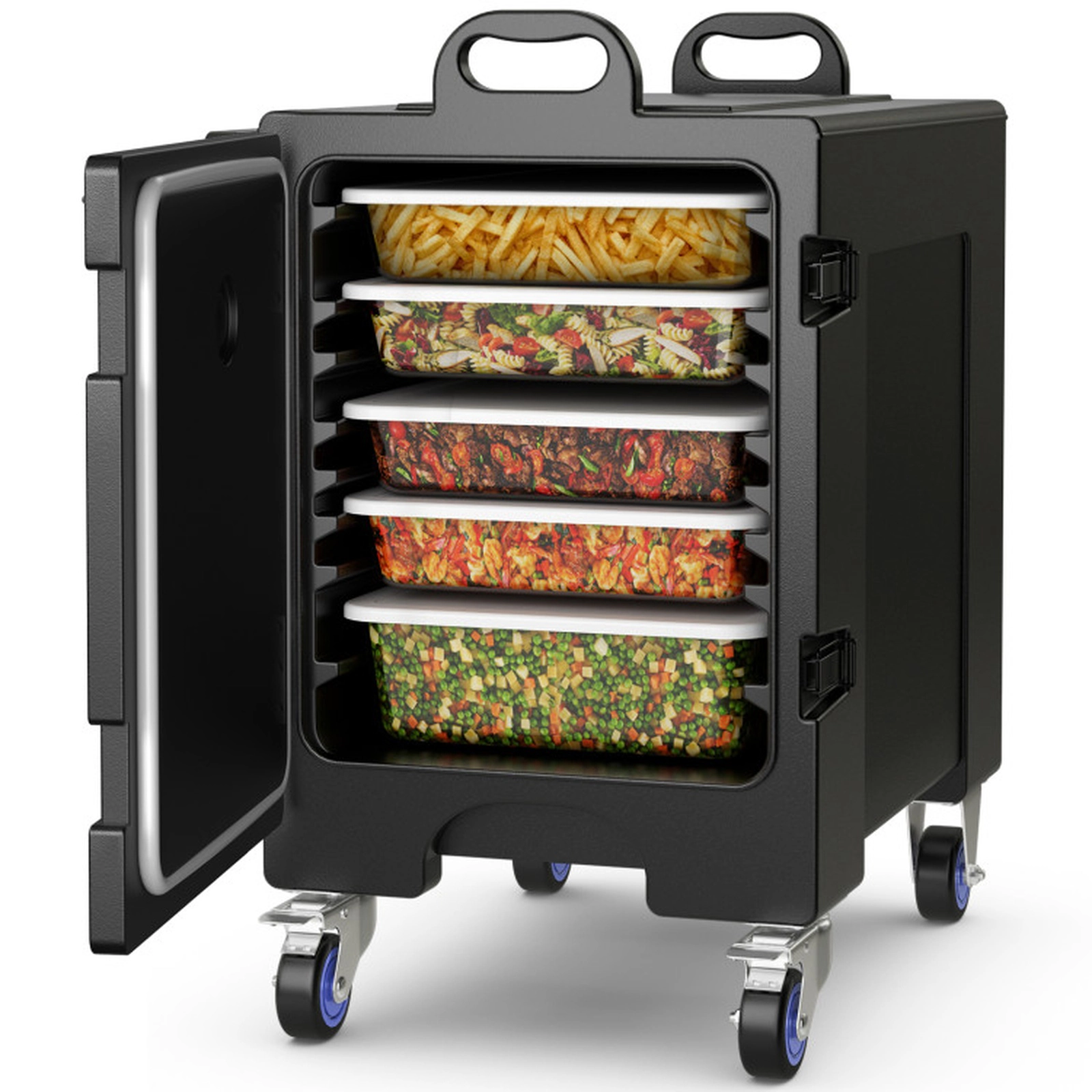 SUGIFT 81-qt End-Loading Insulated Food Pan Carrier with 4 Wheels 270-Degree Door and 5-Pan Capacity