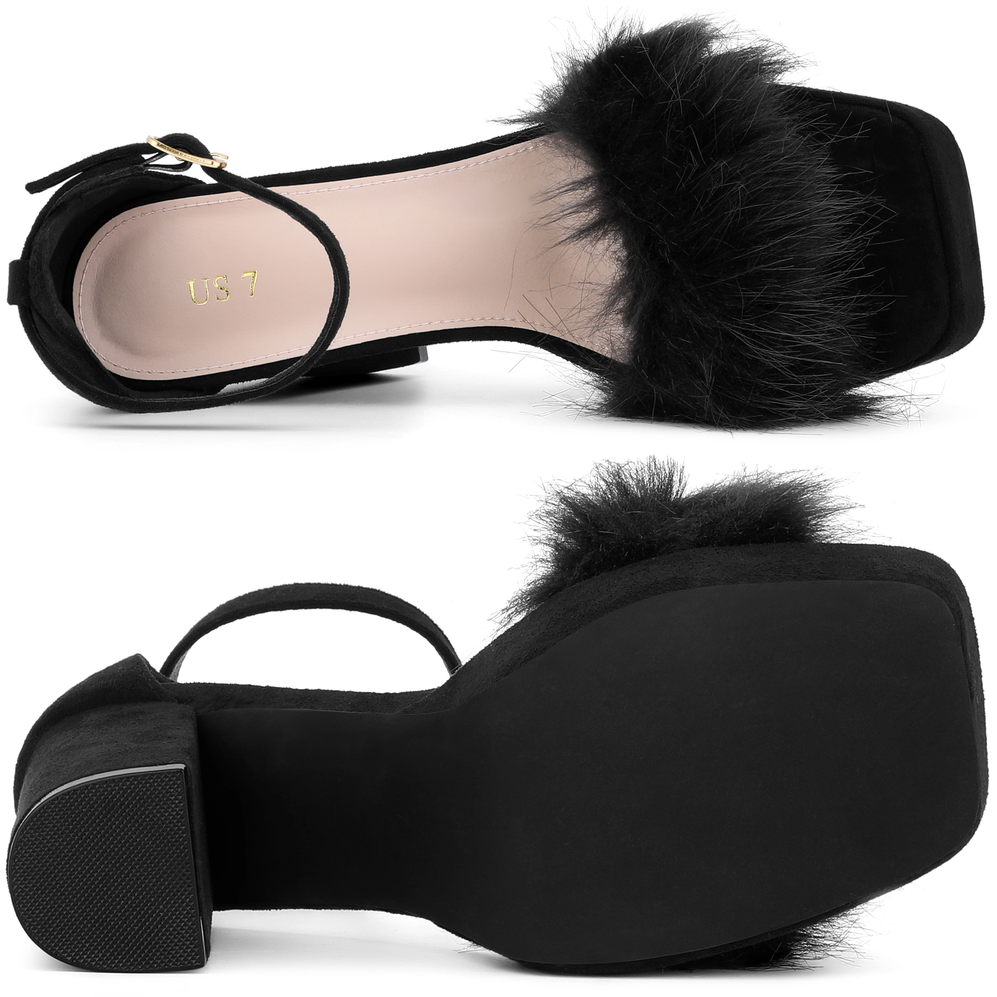 BLISSFUL STEP Women's Faux Suede Fur Square Toe Platform Chunky Heel Ankle Strap Sandals