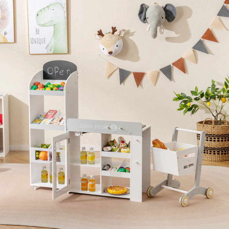 Hivvago Kids Grocery Store Playset Convertible Wooden Play Store with Shopping Cart