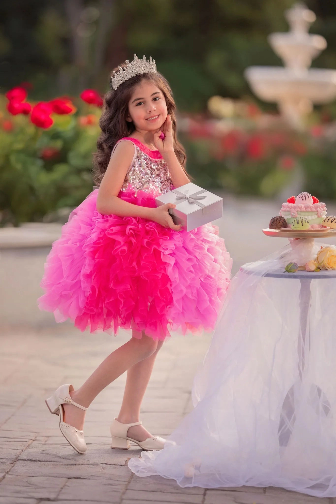 Faeella Girls Princess Rosabelle Pink Ombré Sequin Ruffle Dress