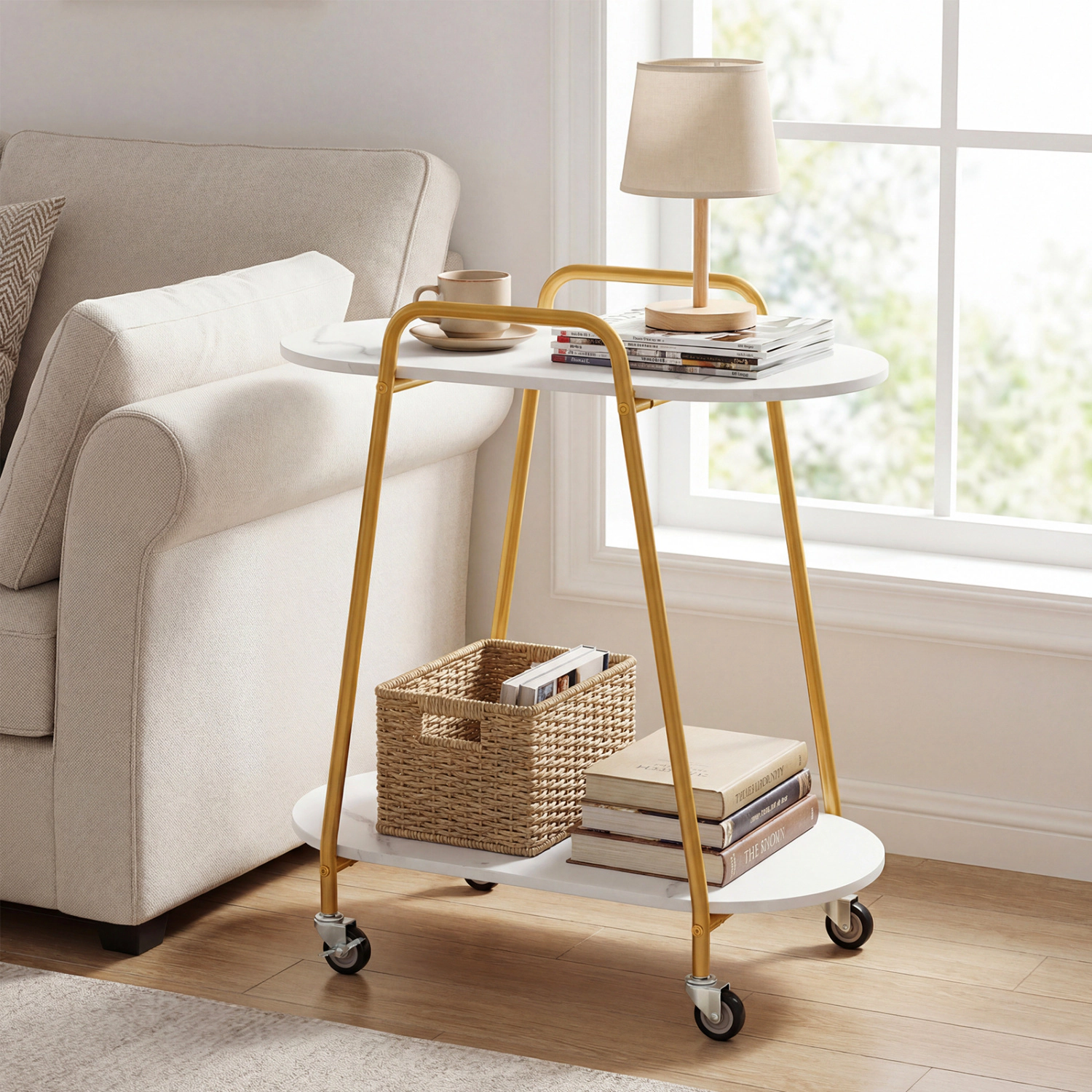 Glintex 2-Tier Rolling End Table with Faux Marble Shelves and Push Handle, White