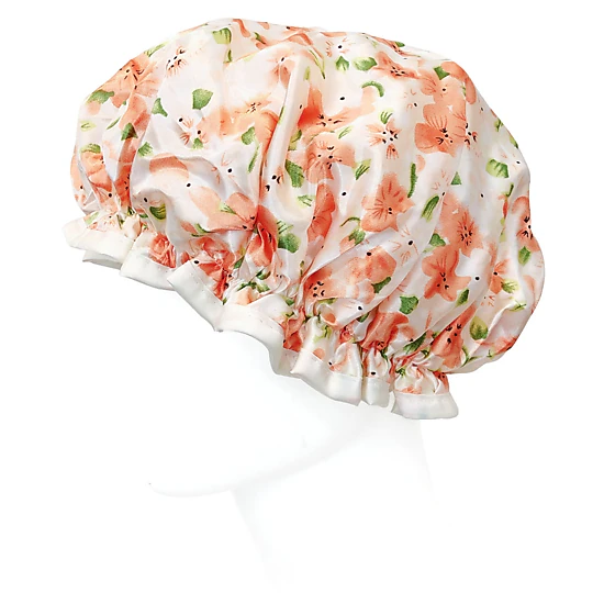 Wrapables Reusable Women's Waterproof Shower Caps for Long Hair, Peach Floral