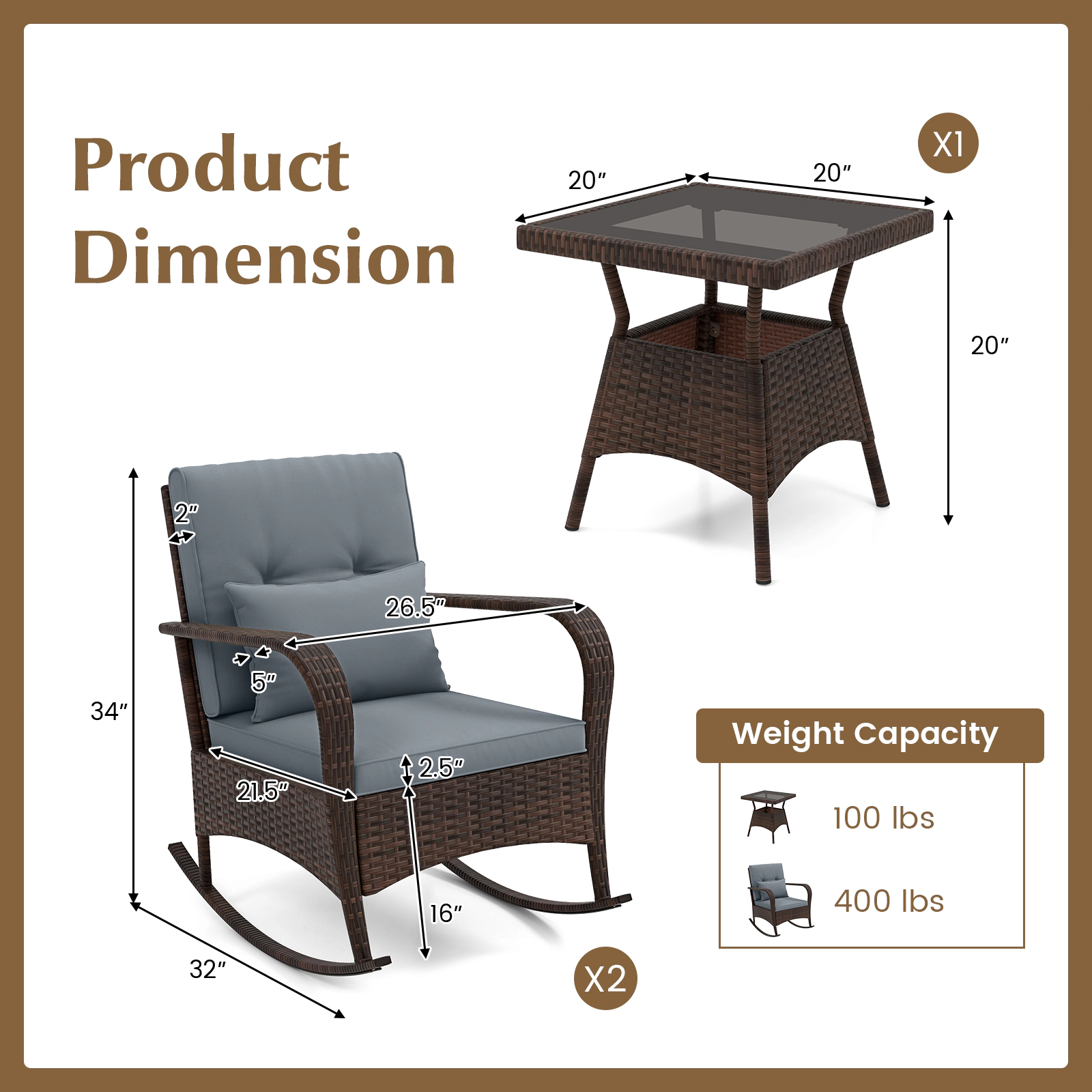 SUGIFT 3-Piece Gray Patio Furniture Set with 2 Rattan Rocking Chairs and Glass Table 400-lb Per Chair