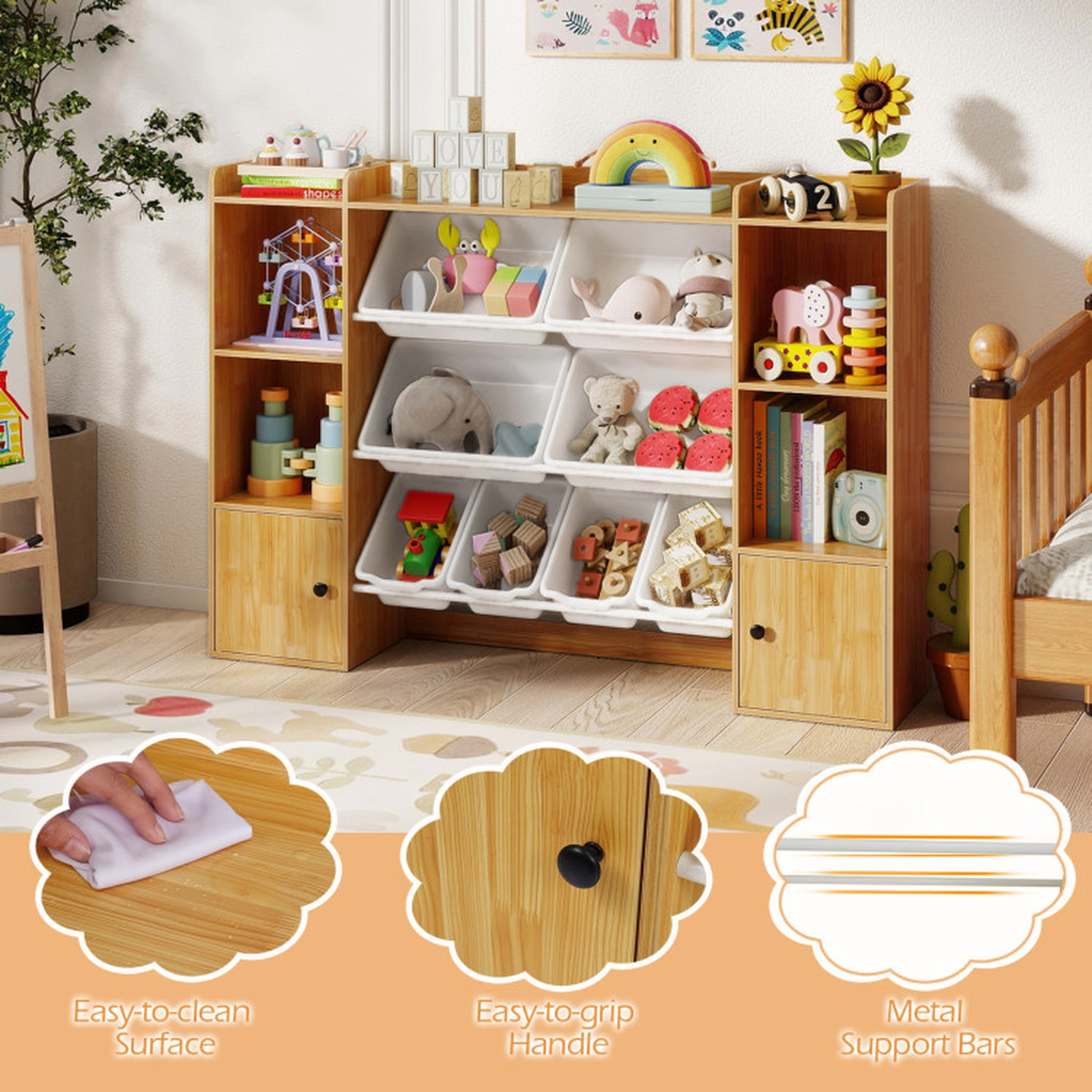 SUGIFT 39.5-in 385-lb Capacity Kids Toy Storage Organizer and Bookshelf with 8 Boxes and 2 Door Cabinets