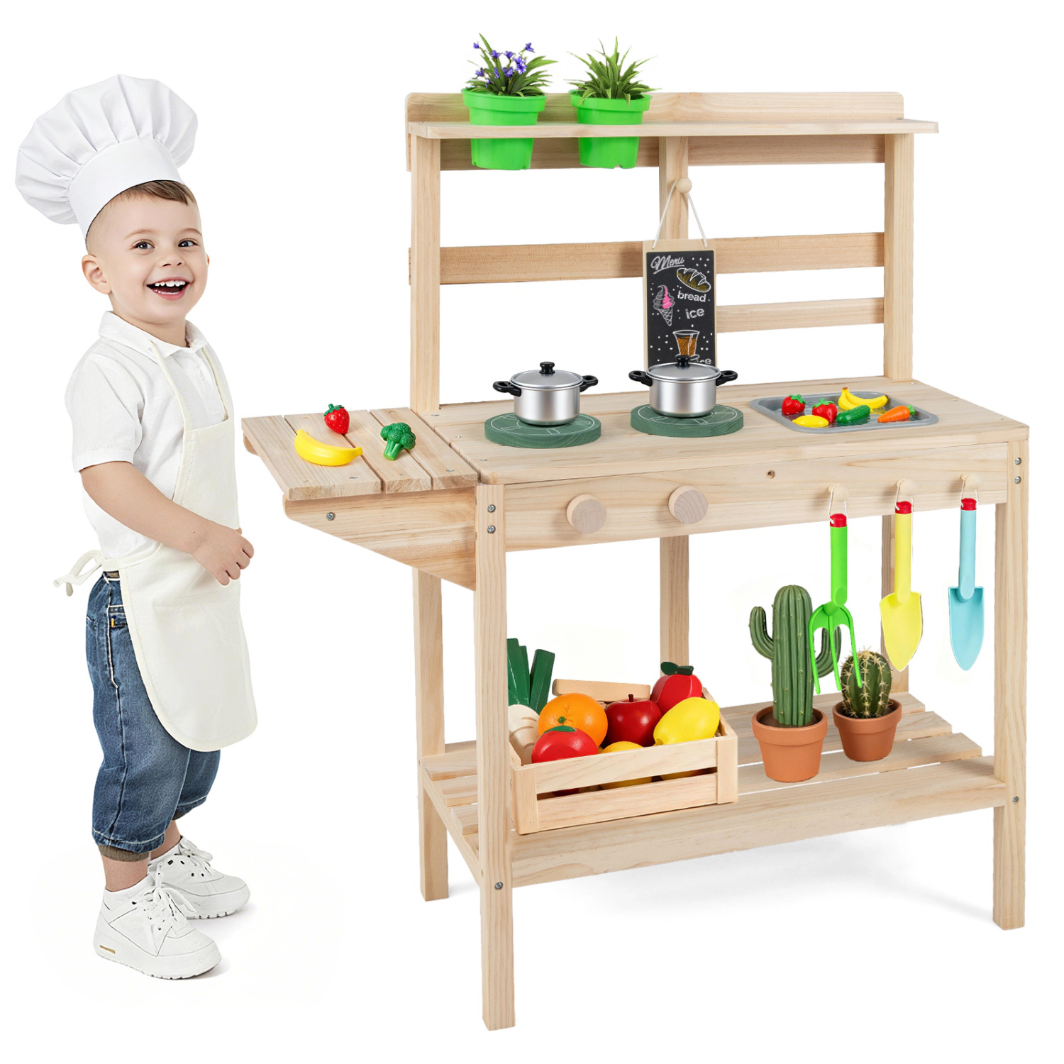 LJG Kids Play Kitchen Set Wooden Kitchen Playset with Stoves for Boys Girls 3+