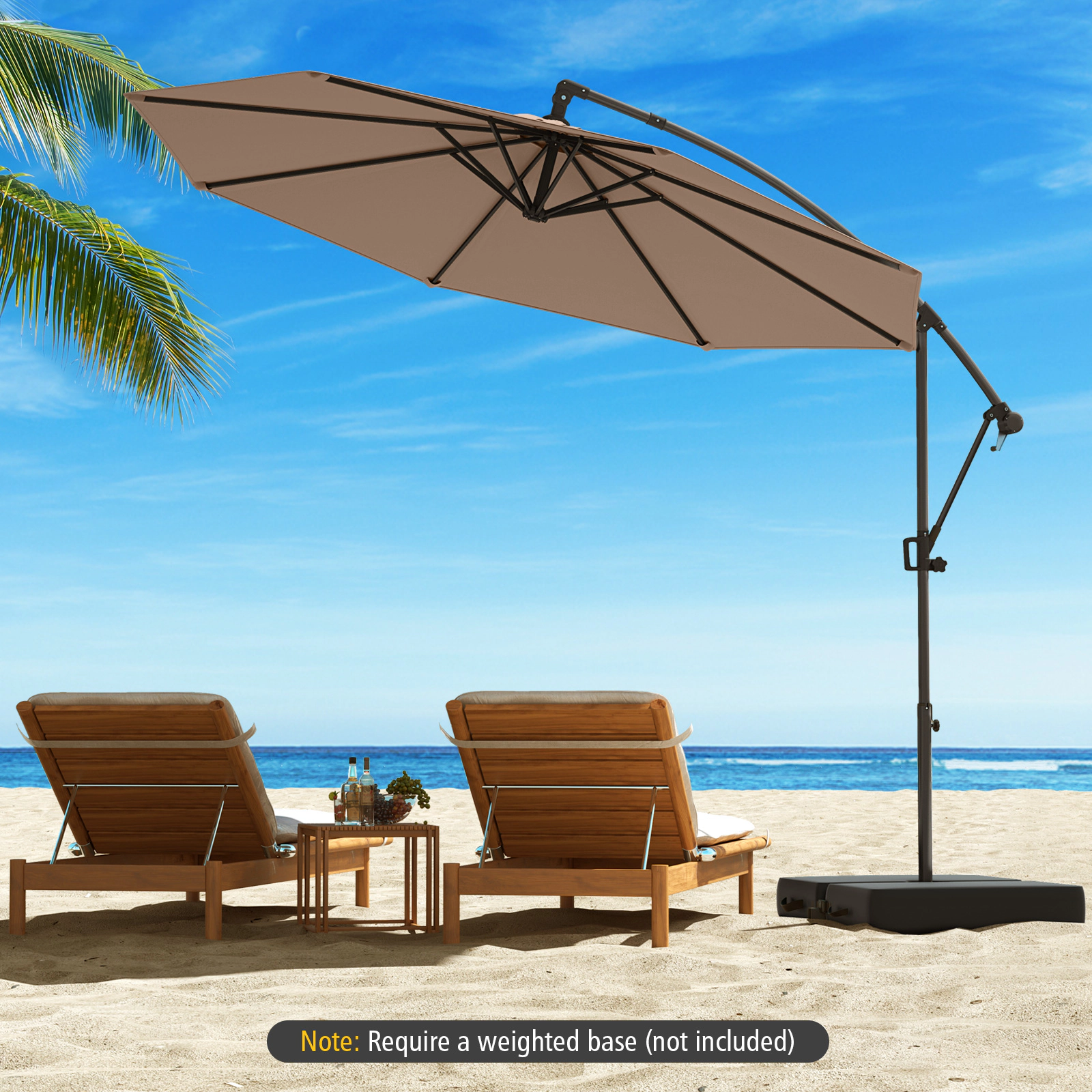 SUGIFT 10-ft Beige Offset Hanging Patio Umbrella with Base Infinite Tilt and 360-Degree Rotation for Garden