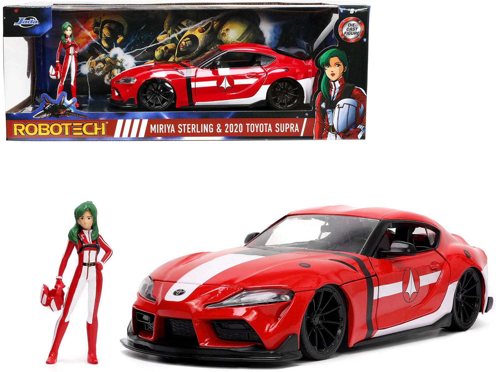 Jada 2020 Toyota Supra Red with Graphics and Miriya Sterling Diecast Figurine "Robotech" "Hollywood Rides"