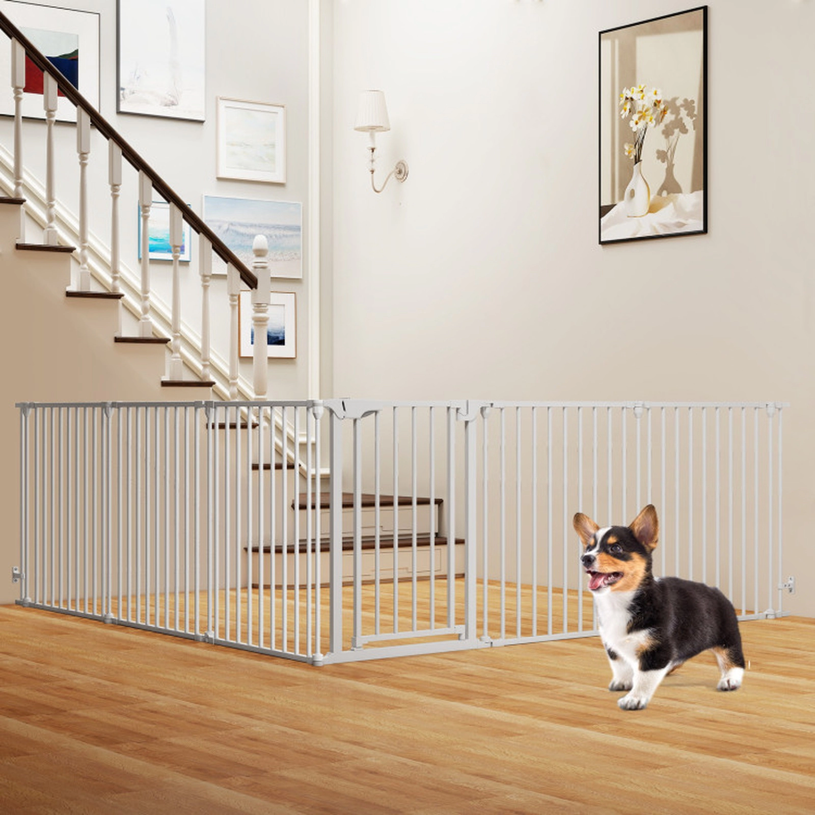 SUGIFT 6-Panel White Extra Wide Pet Gate with Adjustable Fence and Double-Locking Door 29-in H