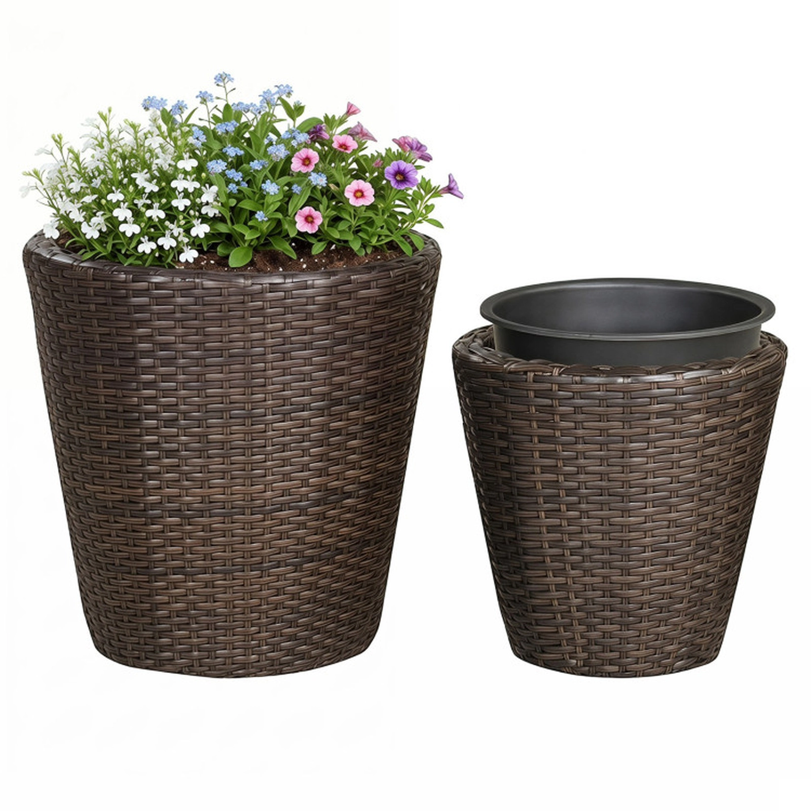 SUGIFT Set of 2 Brown Tapered Rattan Style Planters with Removable Inner Pots 15-in W 15-in D 15-in H