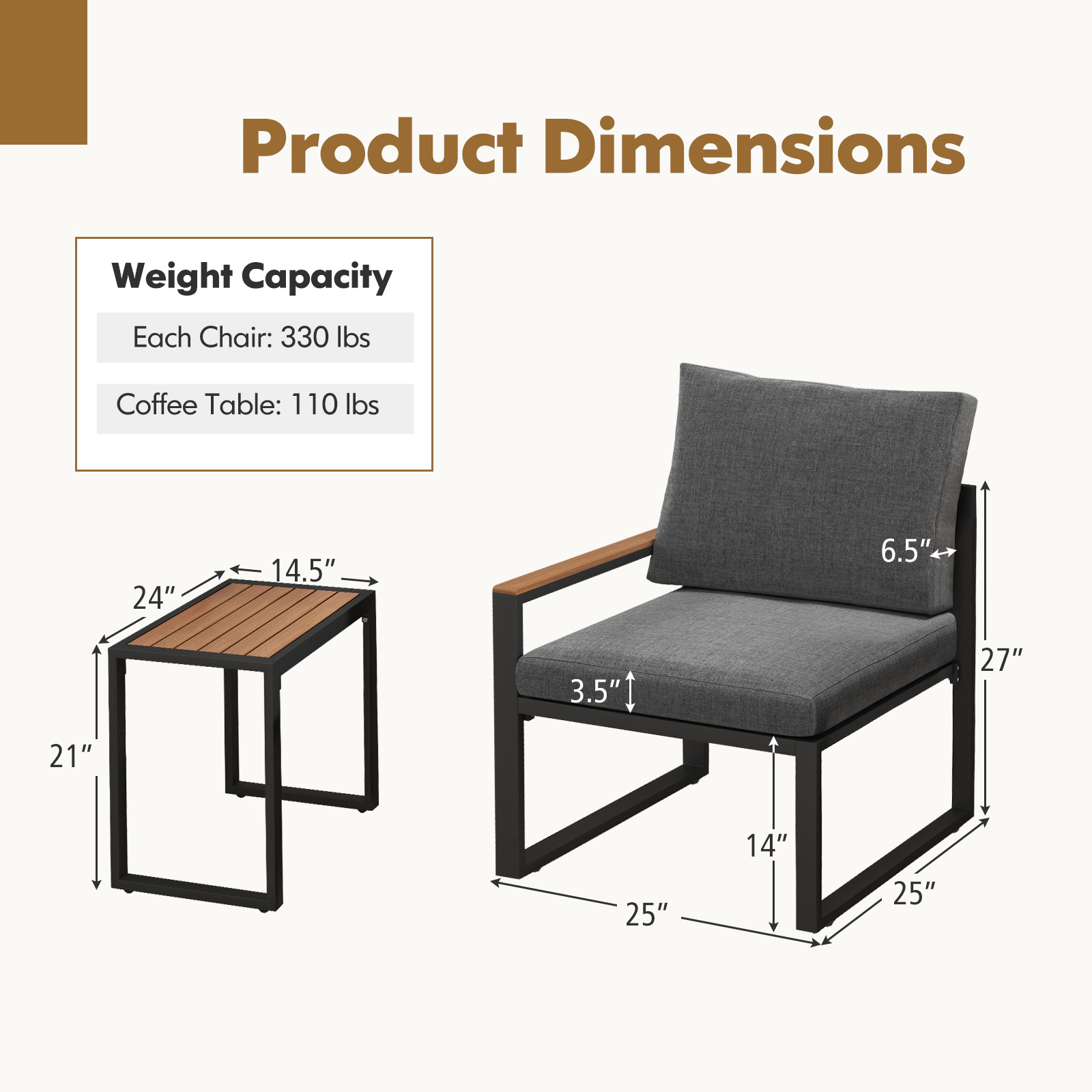 SUGIFT 3-Piece 330-lb Capacity Gray Aluminum Frame Weatherproof Patio Conversation Set with WPC Tabletop