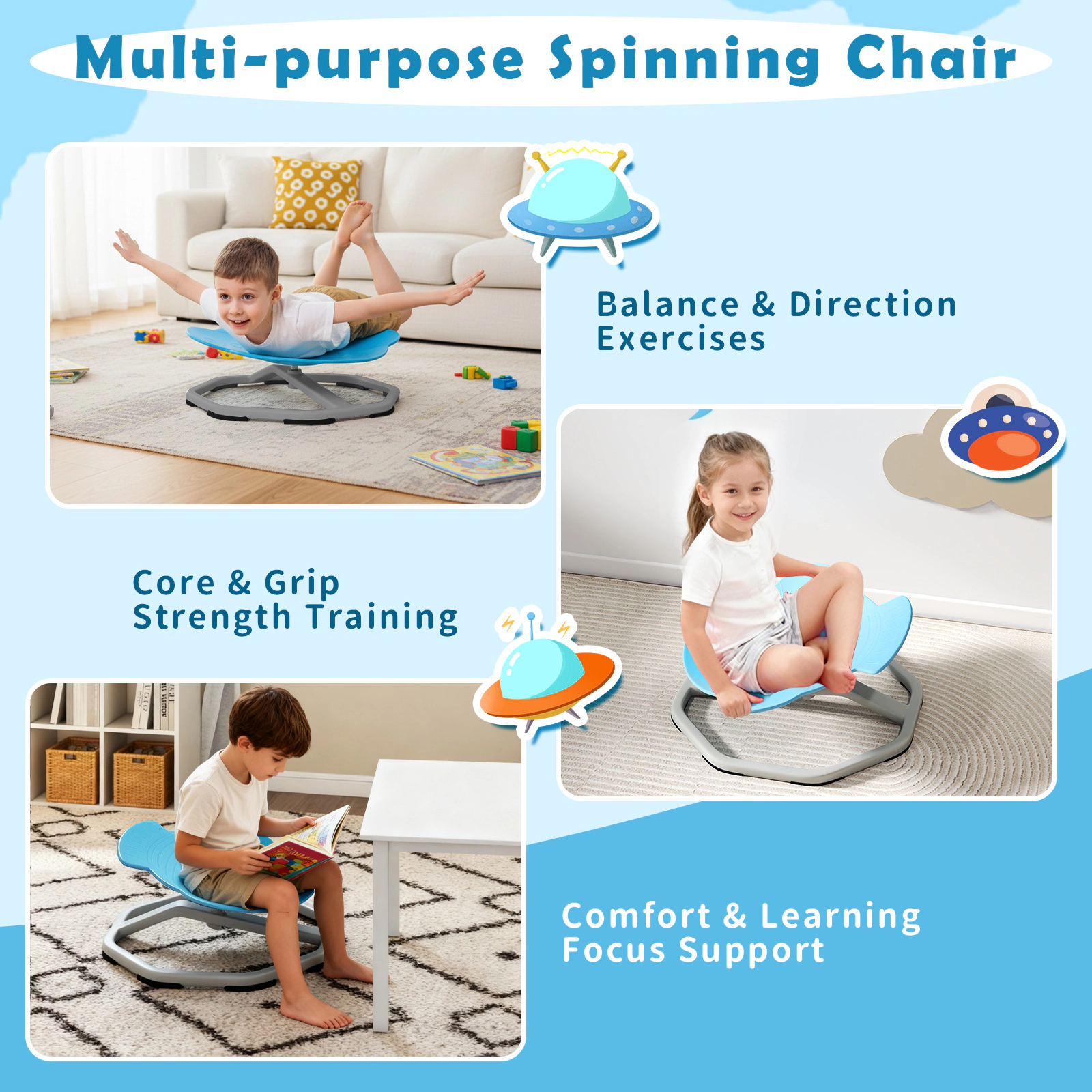 SUGIFT Kids Sensory Elephant 360° Swivel Chair Non-Slip Metal Base 220-Lb Capacity Ages 3+ 21-in Wide Seat Light Blue