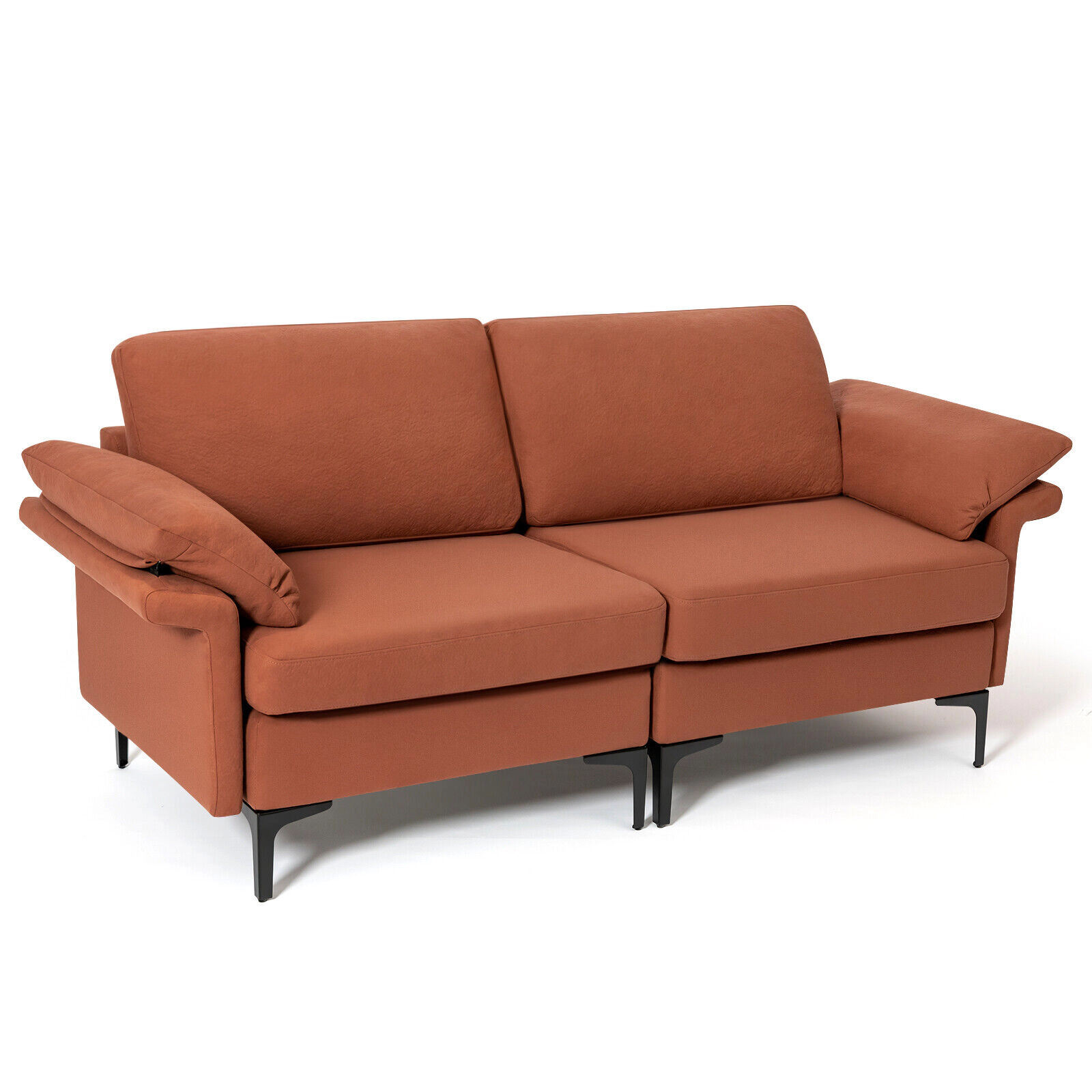 SUGIFT Modern Fabric Loveseat Sofa Rust Red with Metal Legs and Armrest Pillows