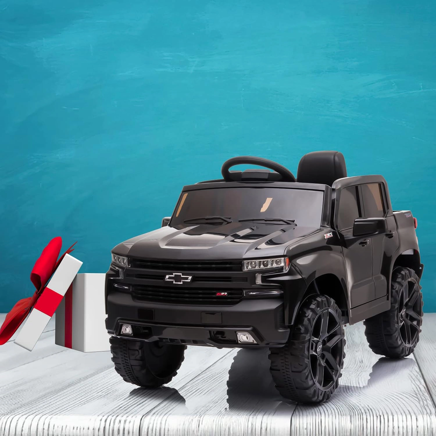 12V Kids Ride On Truck, Licensed by Chevrolet Silverado Electric Car w/Remote, MP3/Bluetooth, LED Lights, Suspension