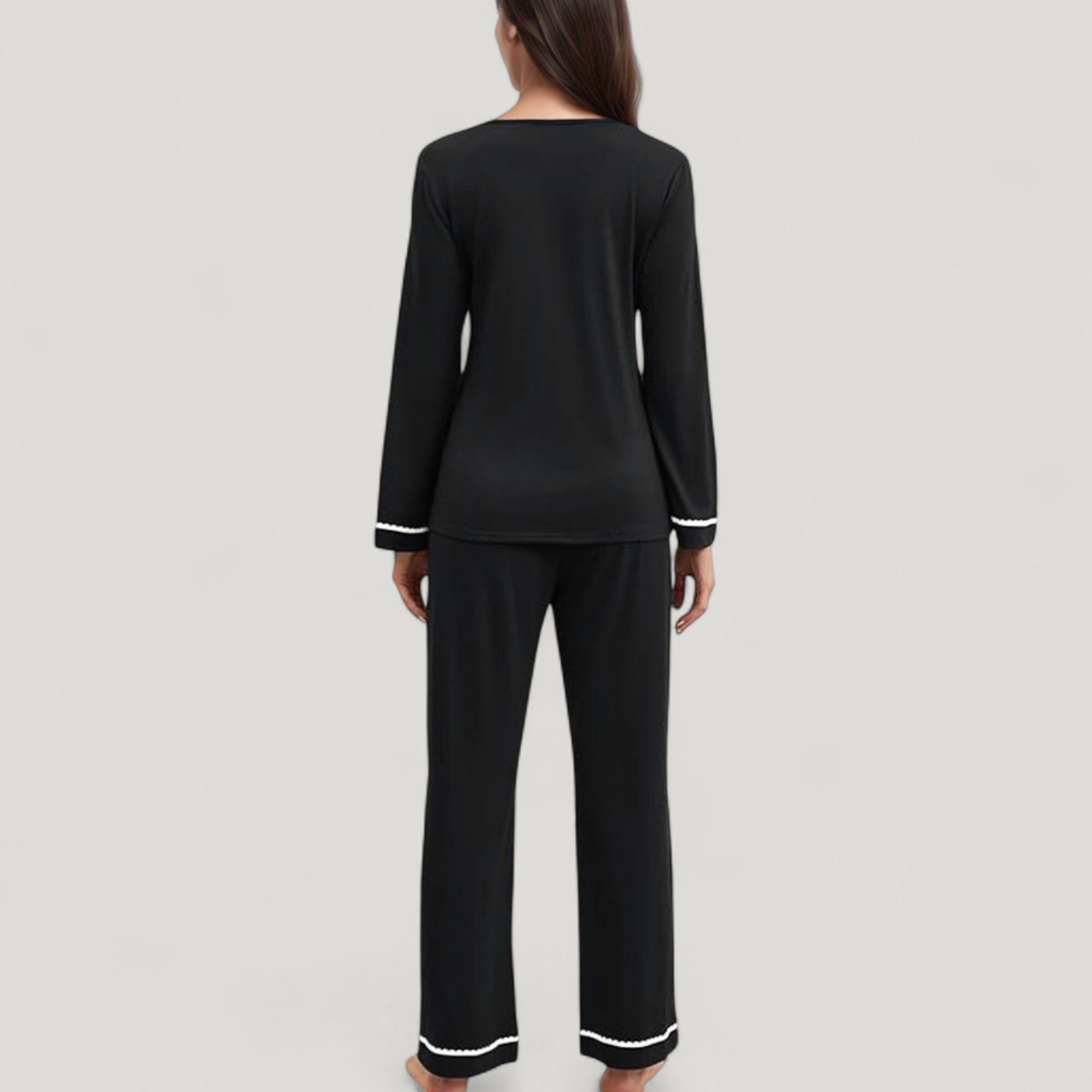Anna-Kaci Women's Contrast Trim Long Sleeve V-Neck Pajama Top and Lounge Pants 2-Piece Sleepwear Set