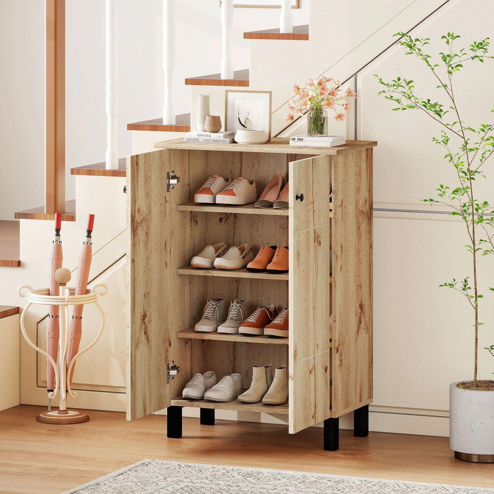 SlickBlue Farmhouse 4-Tier Shoe Storage Cabinet with Removable Shelves