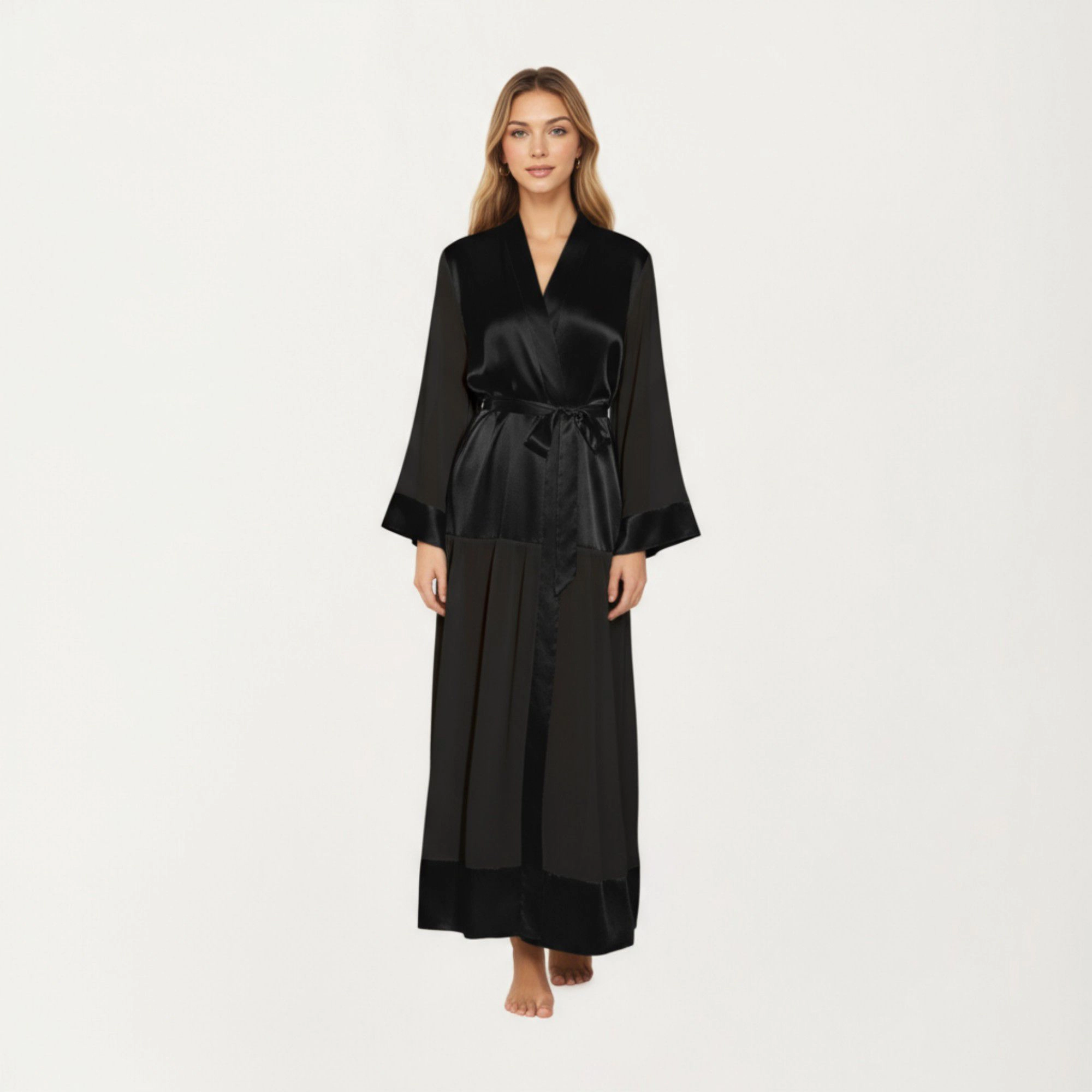 Anna-Kaci Women's Long Satin Robe with Belted Waist and Wide Sleeves