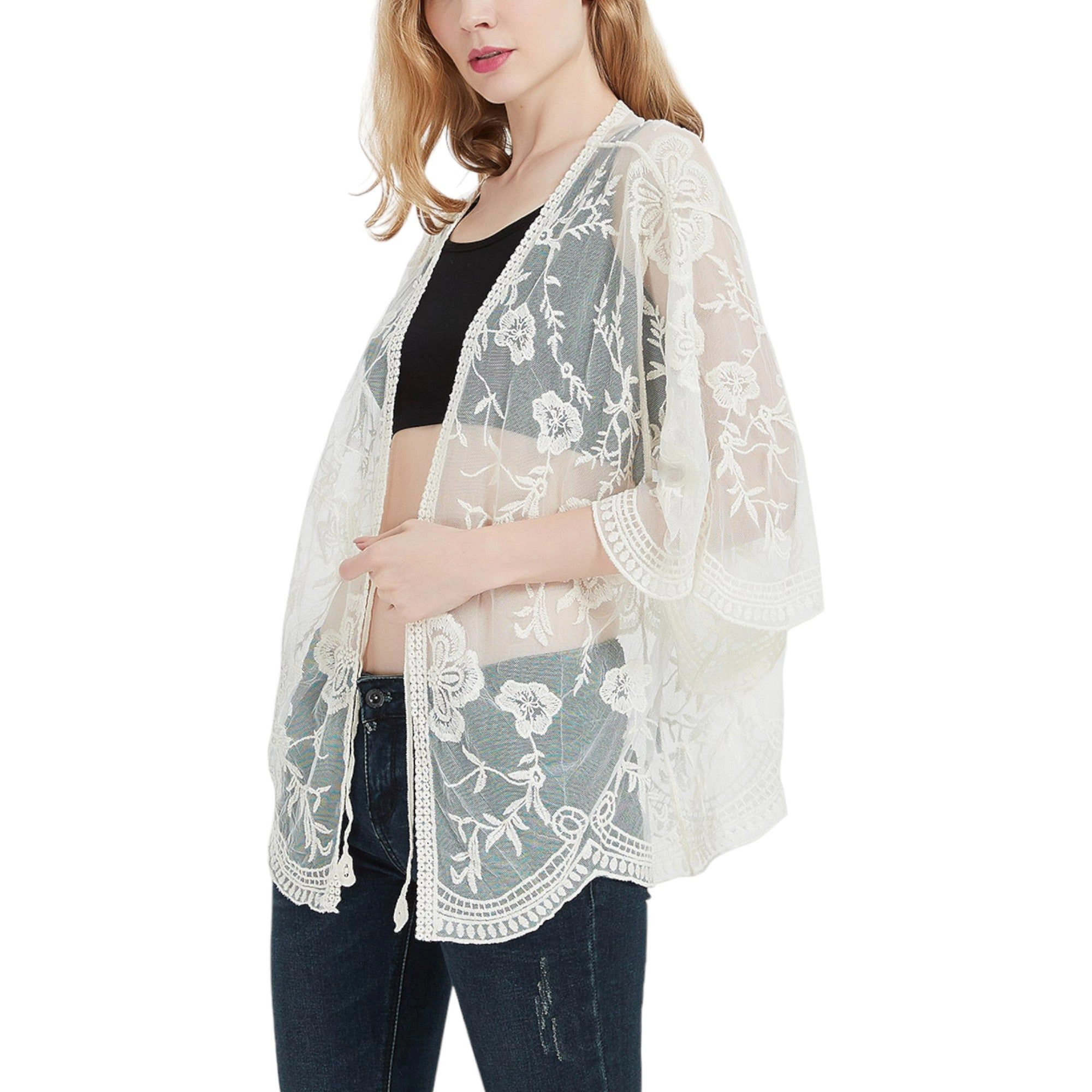 Anna-Kaci Women's Short Embroidered Lace Duster Crop Cardigan