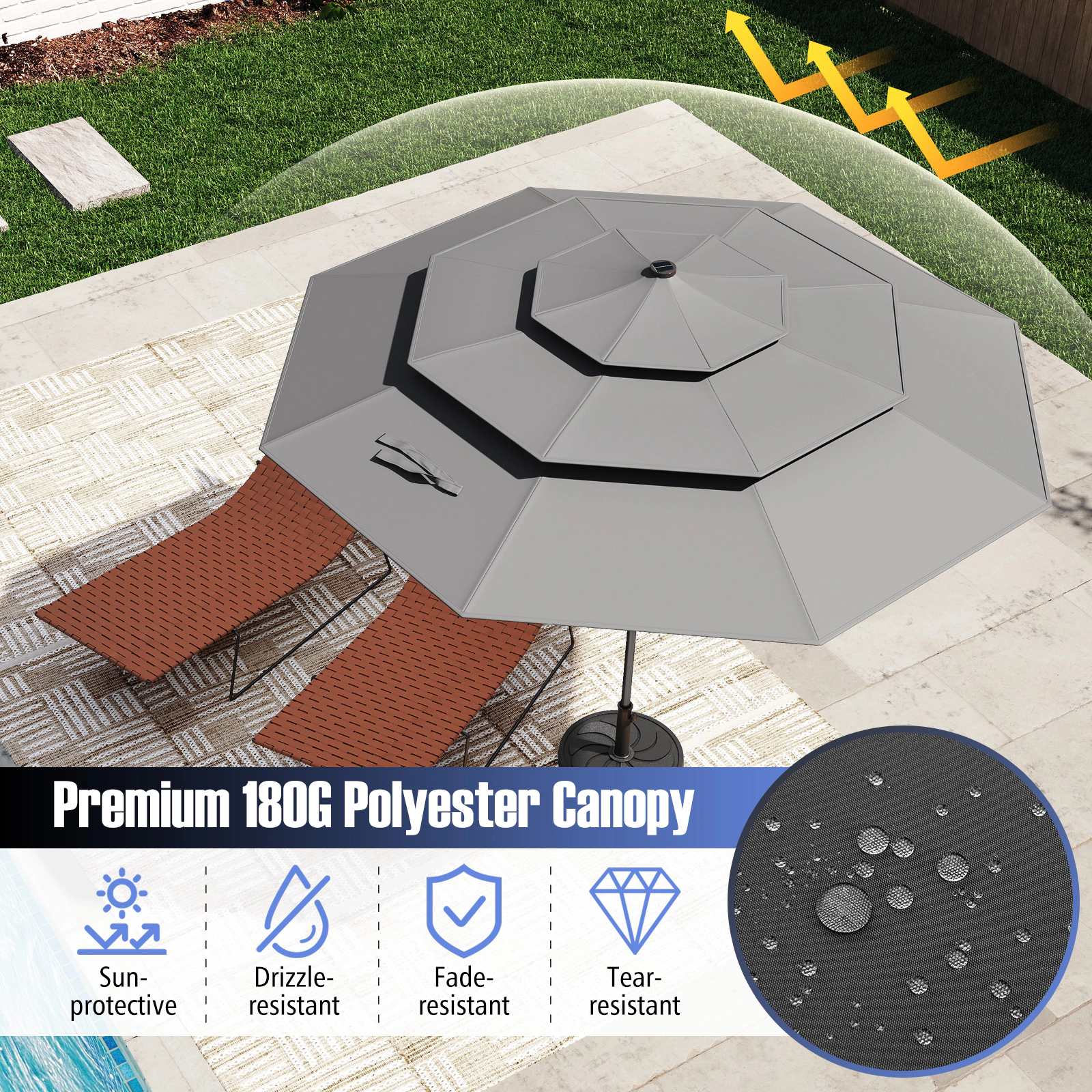 SUGIFT 10.3 ft Solar Patio Umbrella with 3-Tier Vented Top and 32 LED Lights