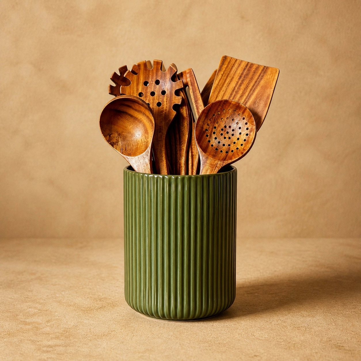 WZK Large Stoneware Farmhouse Ribbed Crock Kitchen Utensil Holder