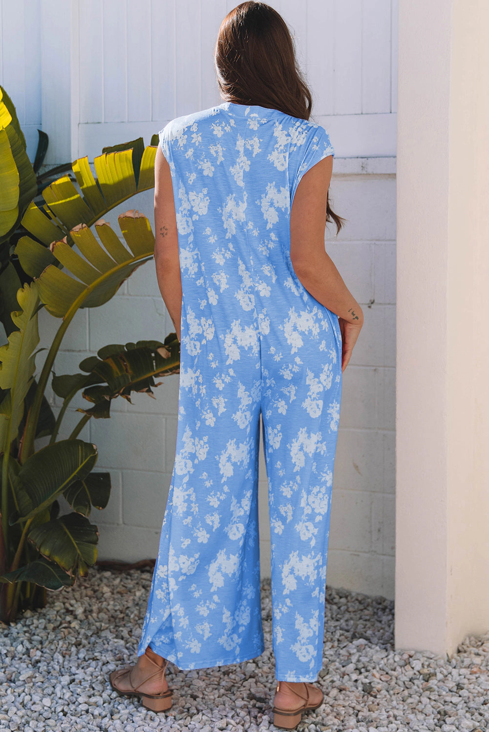 Threaded Pear Women's Stella Floral Half Button Wide Leg Jumpsuit