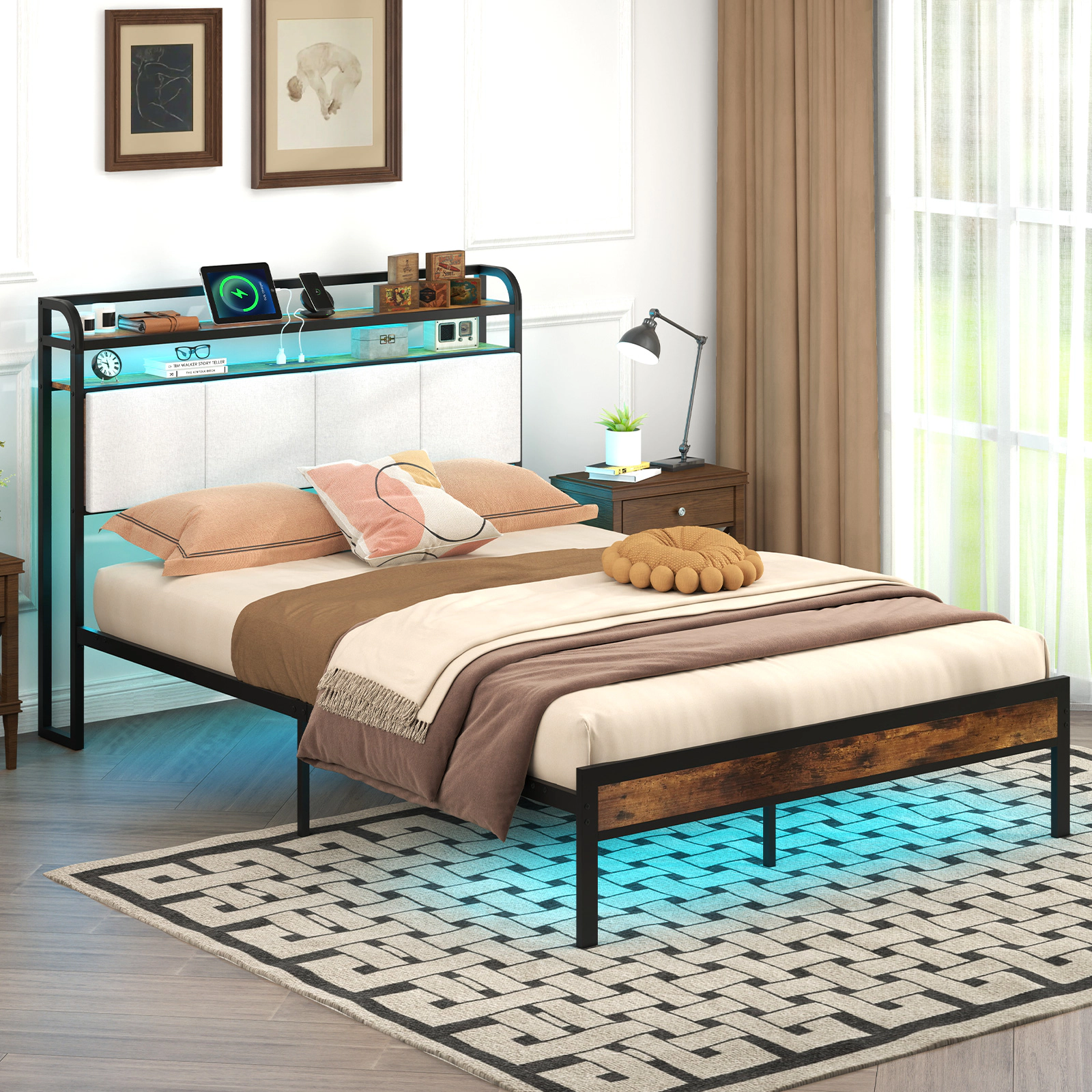 Full Size Metal Bed Frame with LED Light and Charging Station 2-Tier Storage Headboard Platform Bed Rustic Brown