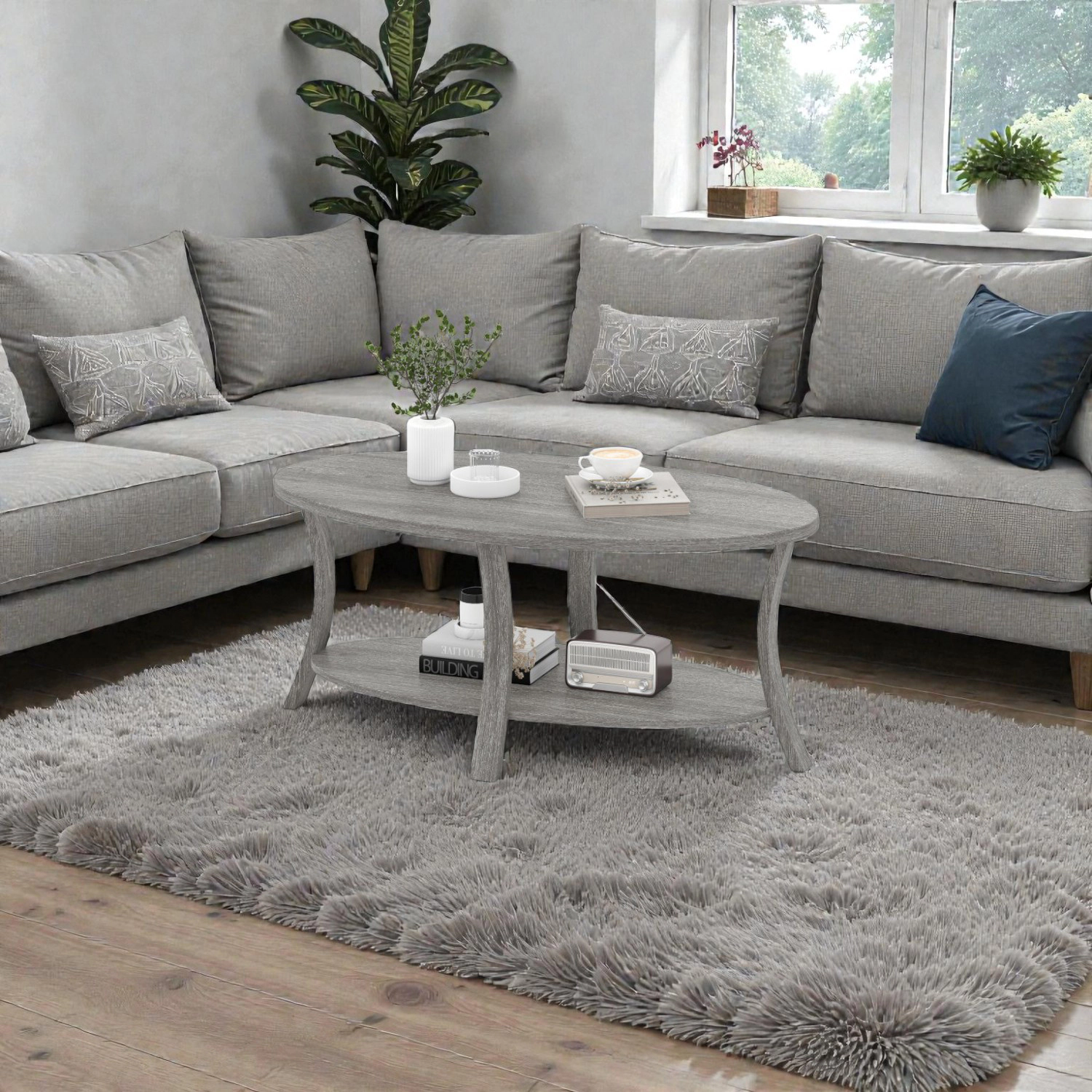 Hivvago Contemporary Oval Center Table with Dual Layers for Display and Storage