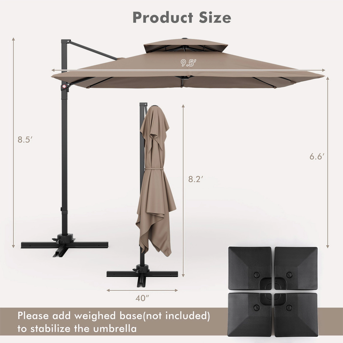 SUGIFT Coffee Square Cantilever Patio Umbrella with 360-Degree Rotation and Dual Vented Top 9.5-ft W 8.5-ft H
