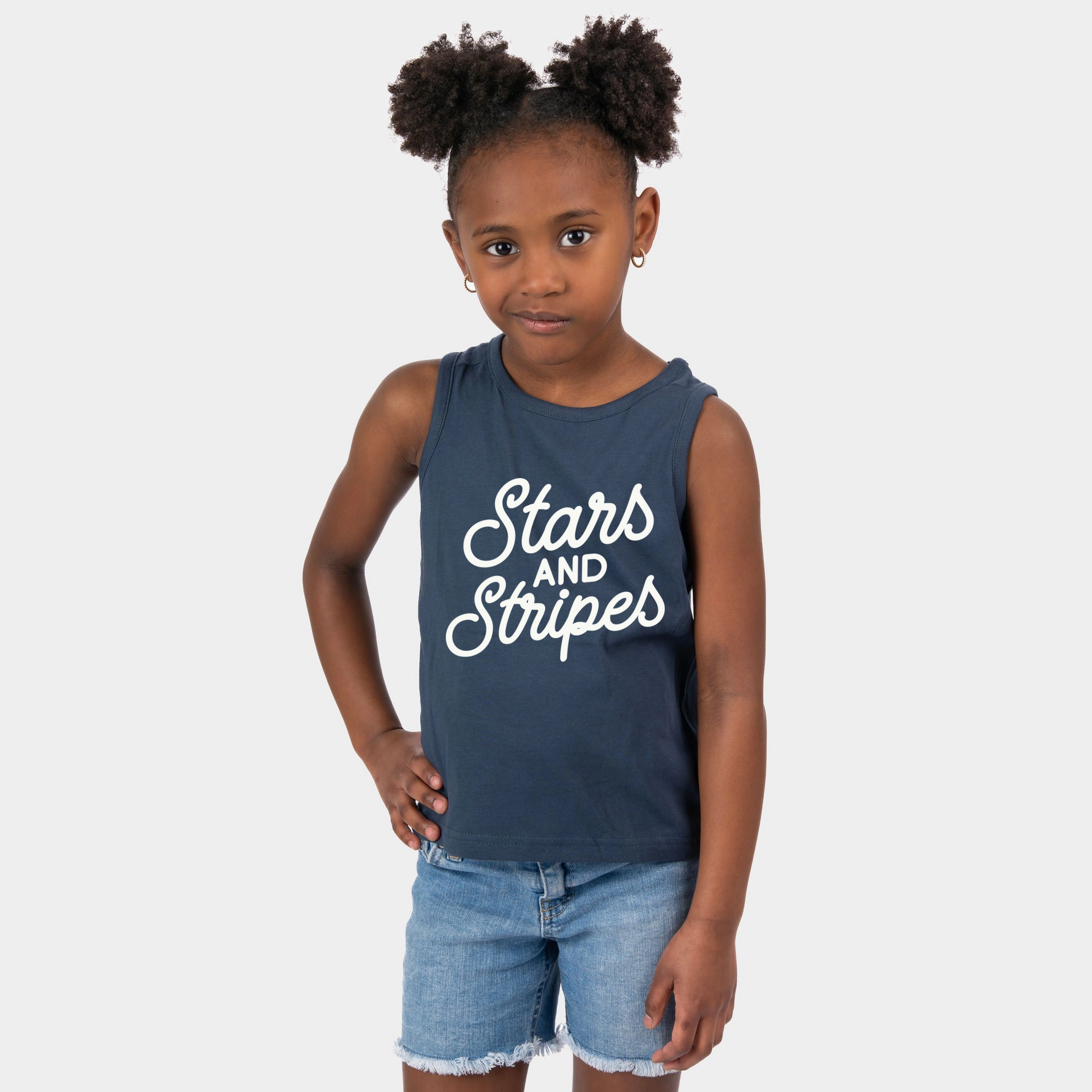 The Juniper Shop - Stars and Stripes Slanted Cursive Puff Print Youth Tank Top