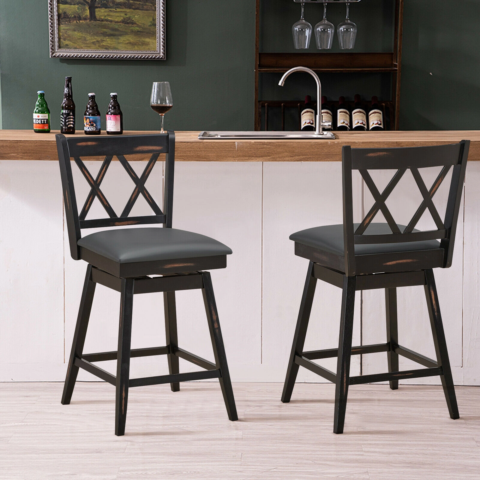 Glintex 2-Piece 24-Inch Swivel Counter Stool Set with Padded PVC Back, Black