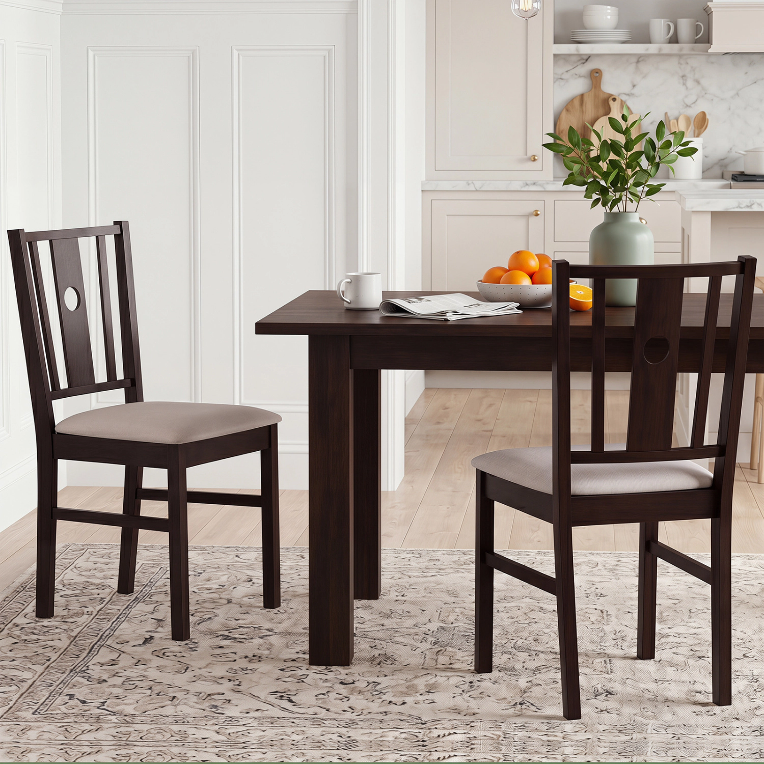SlickBlue Farmhouse Dining Chairs, Beige Fabric Seat Coffee Wood Frame