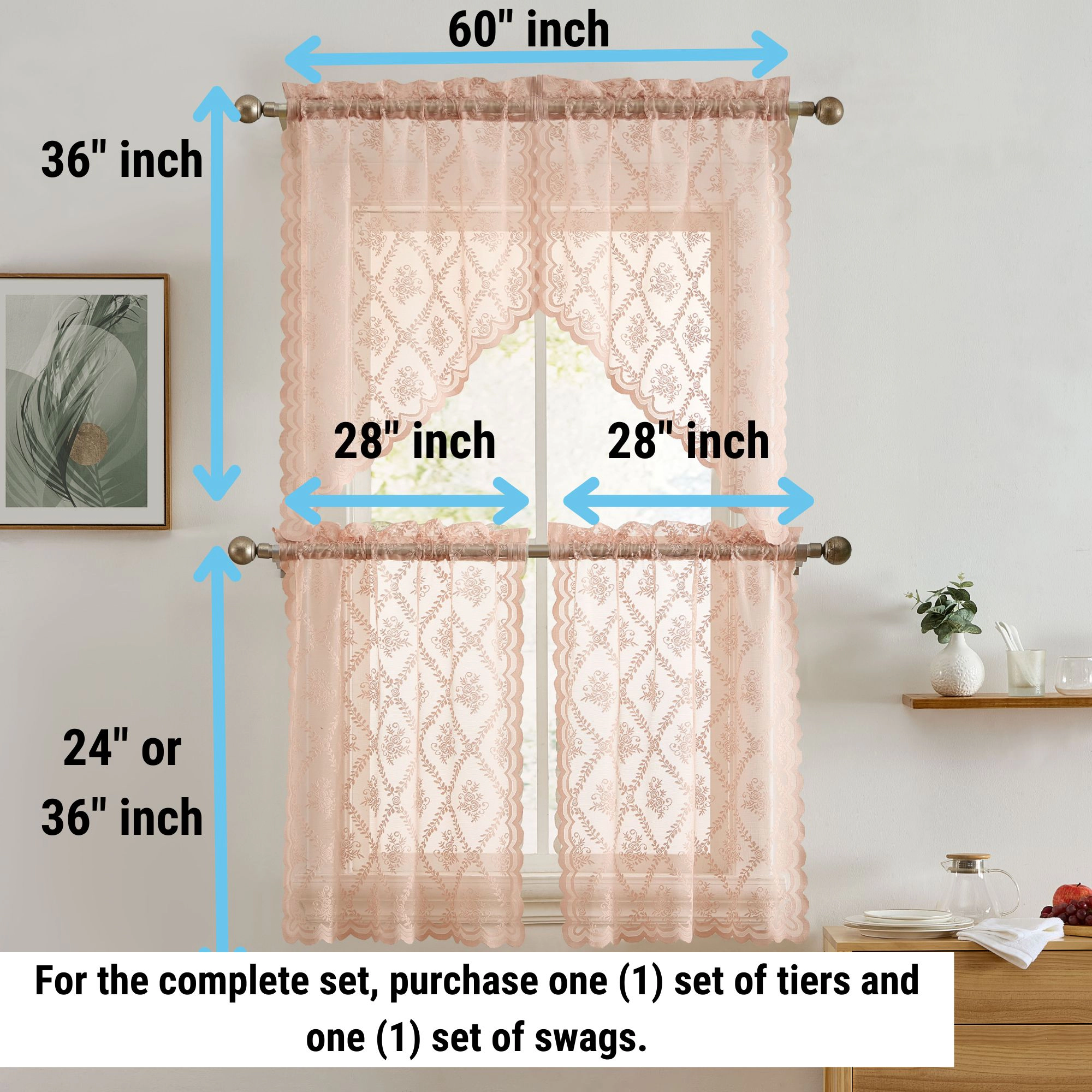 HLC.ME Isabella Floral Rod Pocket Lace Semi Sheer Voile Short Valance for Kitchen & Bathroom - 54 x 18 Inch Long