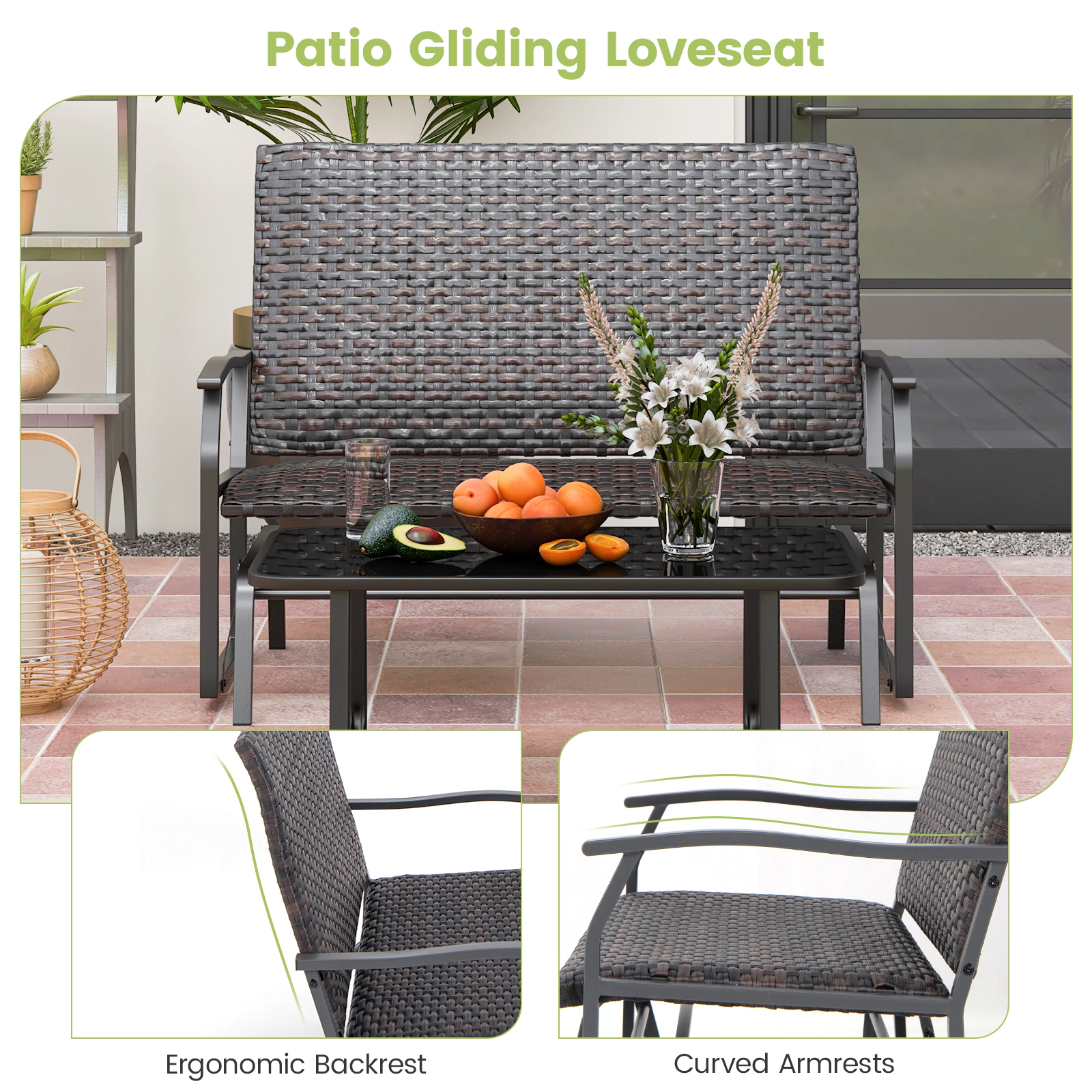 SUGIFT Brown Quick Dry Foam Seat 2-Person All Weather Outdoor Wicker Glider Bench