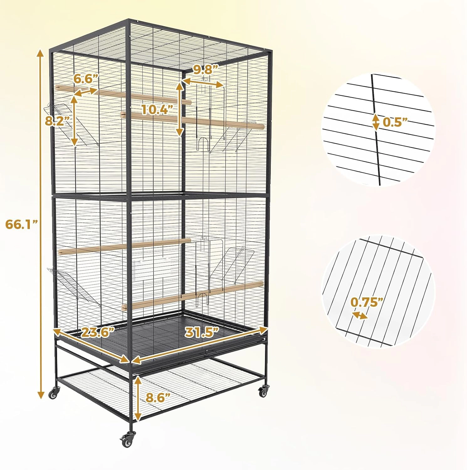 66-Inch Flat-Top Wrought-Iron Parrot Bird Cage, Rolling-Stand Large Pet Aviary for Parakeets