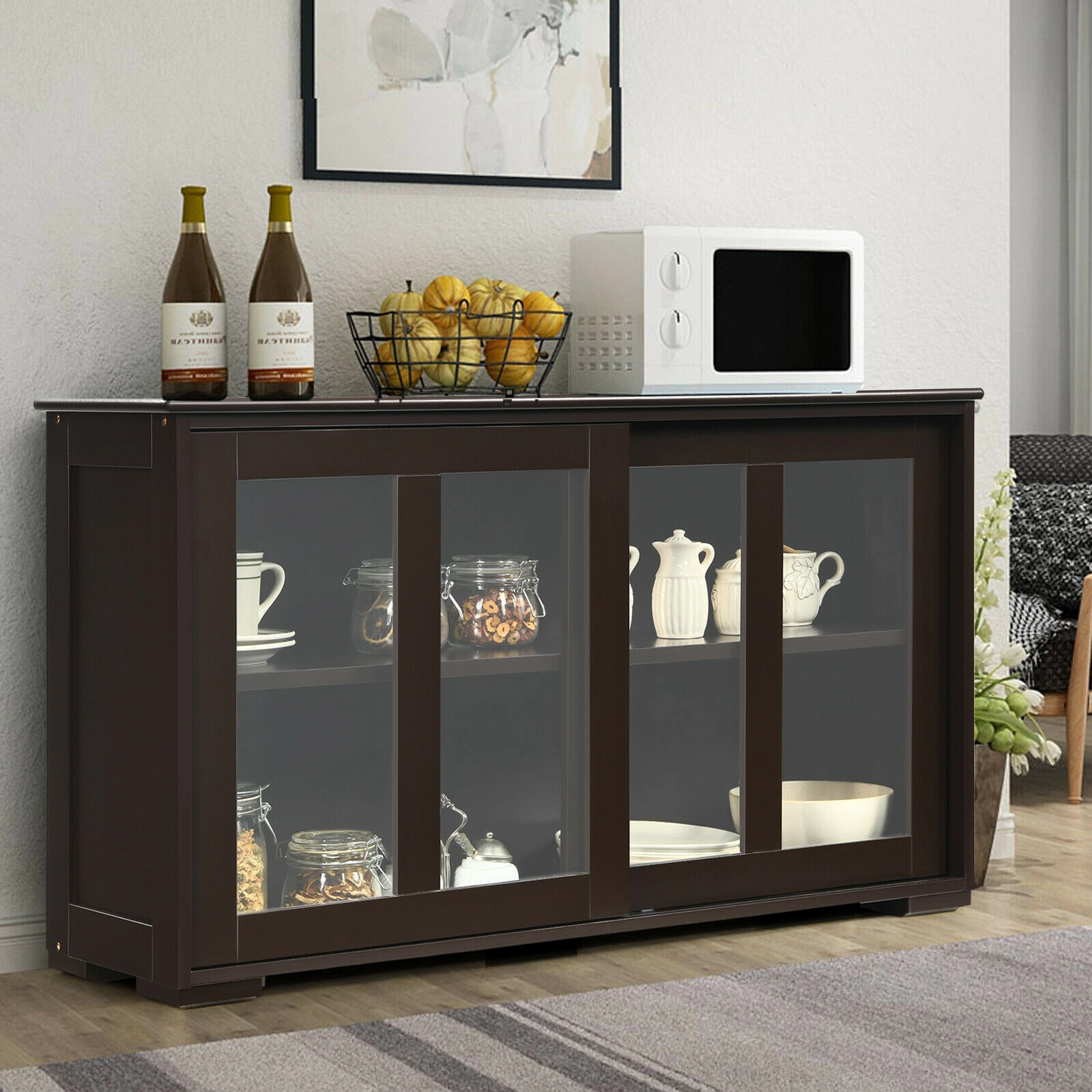 SUGIFT Sliding Tempered Glass Doors Adjustable Shelf Sideboard Cupboard 42-in x 13-in x 24.5-in 2 Shelves Brown