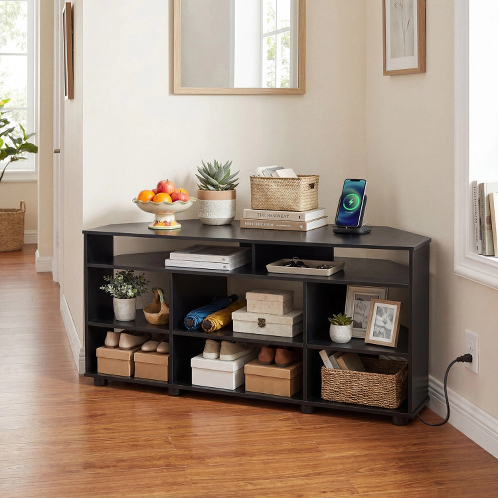 SUGIFT Corner Entertainment Center TV Stand with Charging Station 90-lb Tabletop Capacity for TVs up to 55 Inch Black
