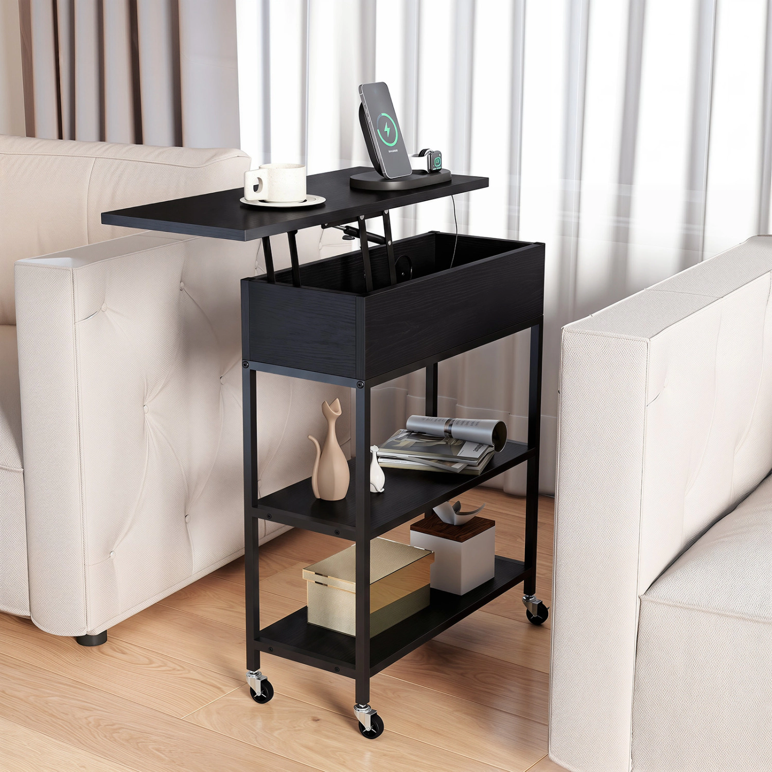 Glintex Narrow Lift-Top End Table with Gas Struts Charging Station and Casters, Black