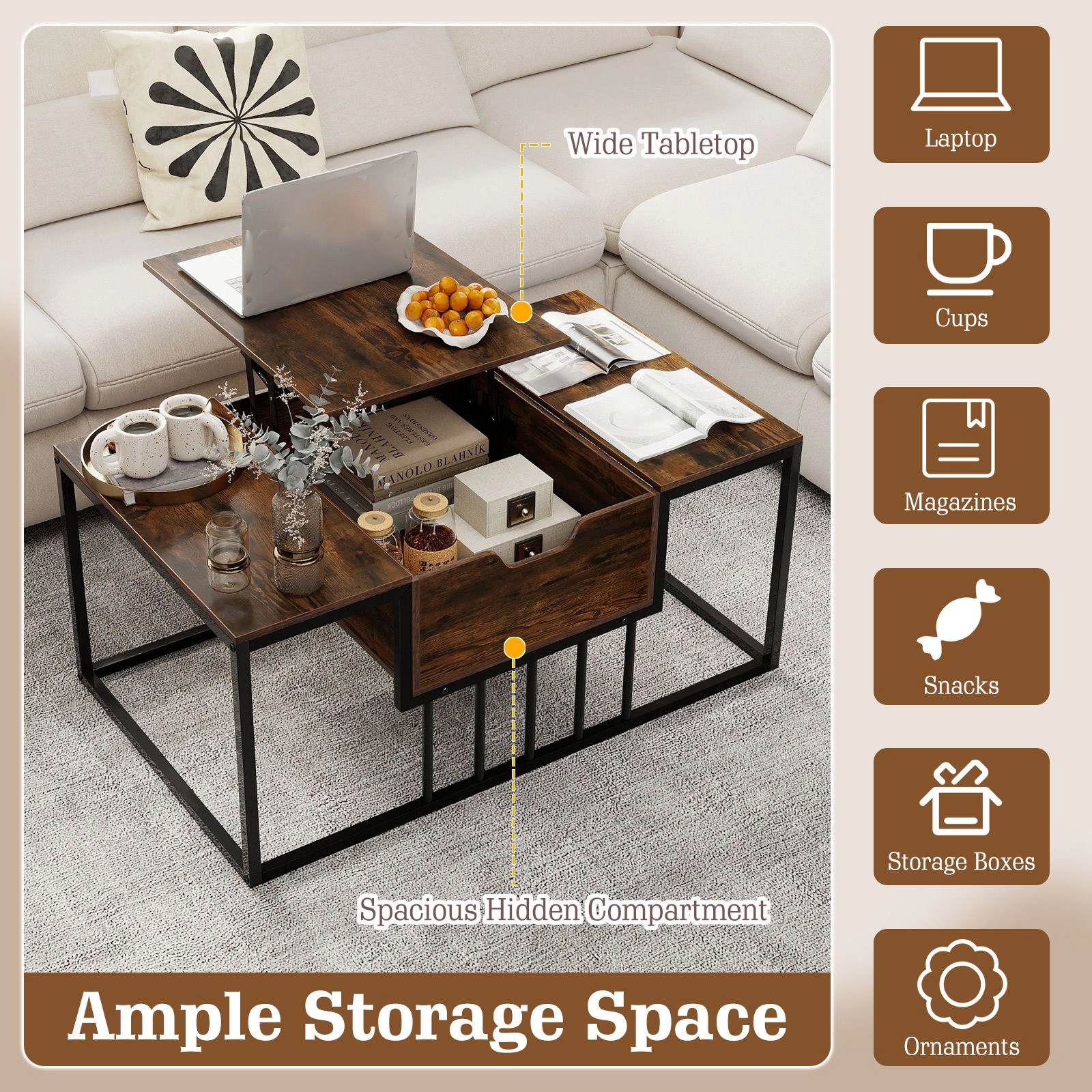 SlickBlue Modern Lift Top Coffee Table with Storage and Metal Frame