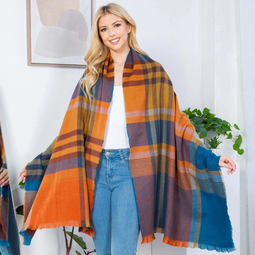TRUEDAMES Plaid Shawl Poncho Scarf Orange