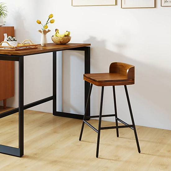 SUGIFT 24-Inch Counter Height Bar Stool, Walnut Rubber Wood Seat, Low Back, Black Metal Frame and Footrest