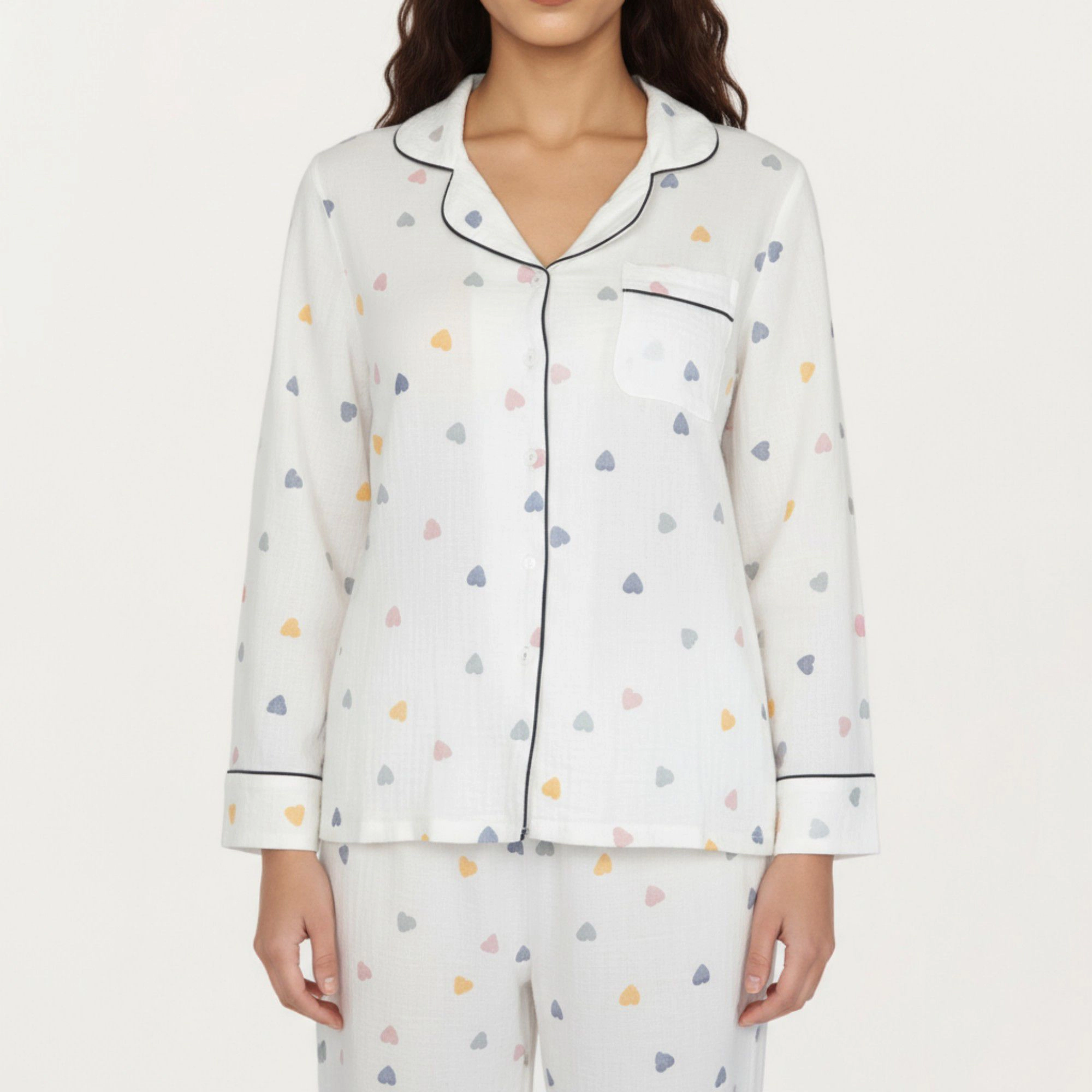 Anna-Kaci Women's 2-Piece Valentine Set Long Sleeve Button Front Top and Relaxed Fit Pants Pajama Set with Heart Print