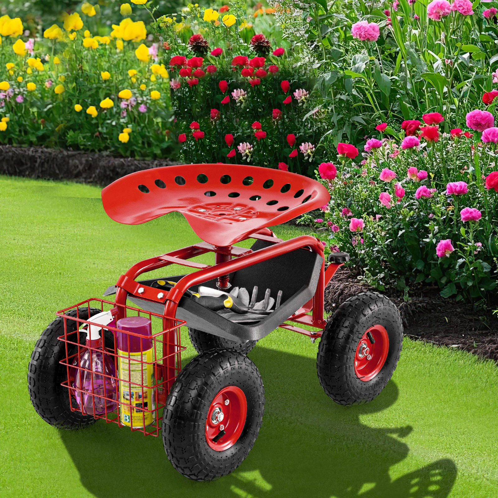 SUGIFT Red 330-lb Capacity 4-Wheel Rolling Garden Cart Work Seat Shop Stool with Tool Tray and Tires