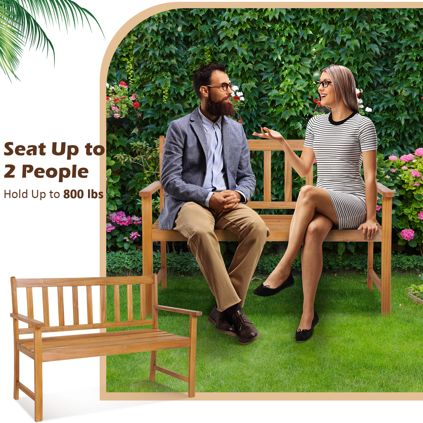 SUGIFT Slatted Backrest and Ergonomic Armrests 2-Person 43 Inch Patio Acacia Wood Bench